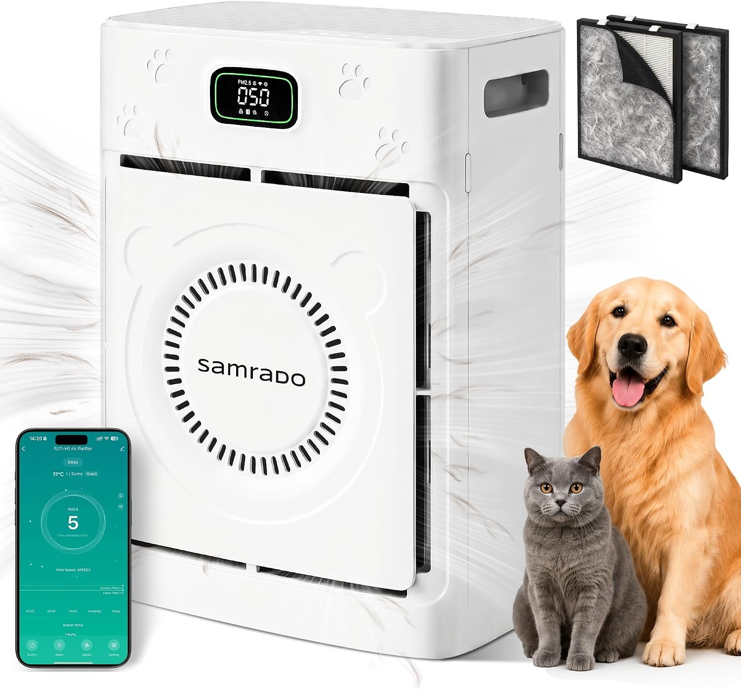 Pet Hair Air Purifier for Home Large Room, H13 HEPA, PM2.5, 25dB