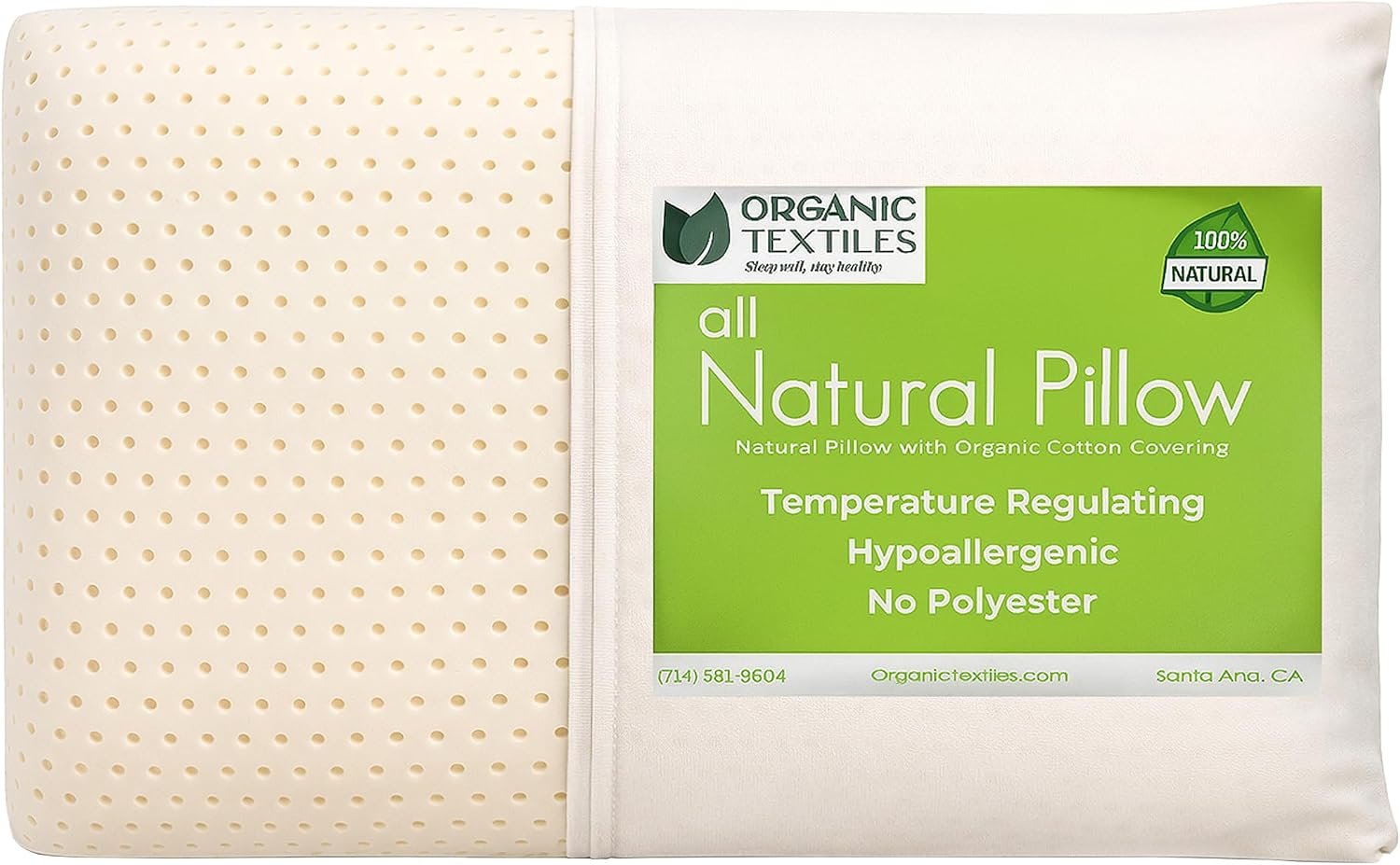 ORGANIC TEXTILES Natural Latex Bed Pillow with GOTS Certified Organic Cotton Cover – (Queen, Soft) – Pack of 1