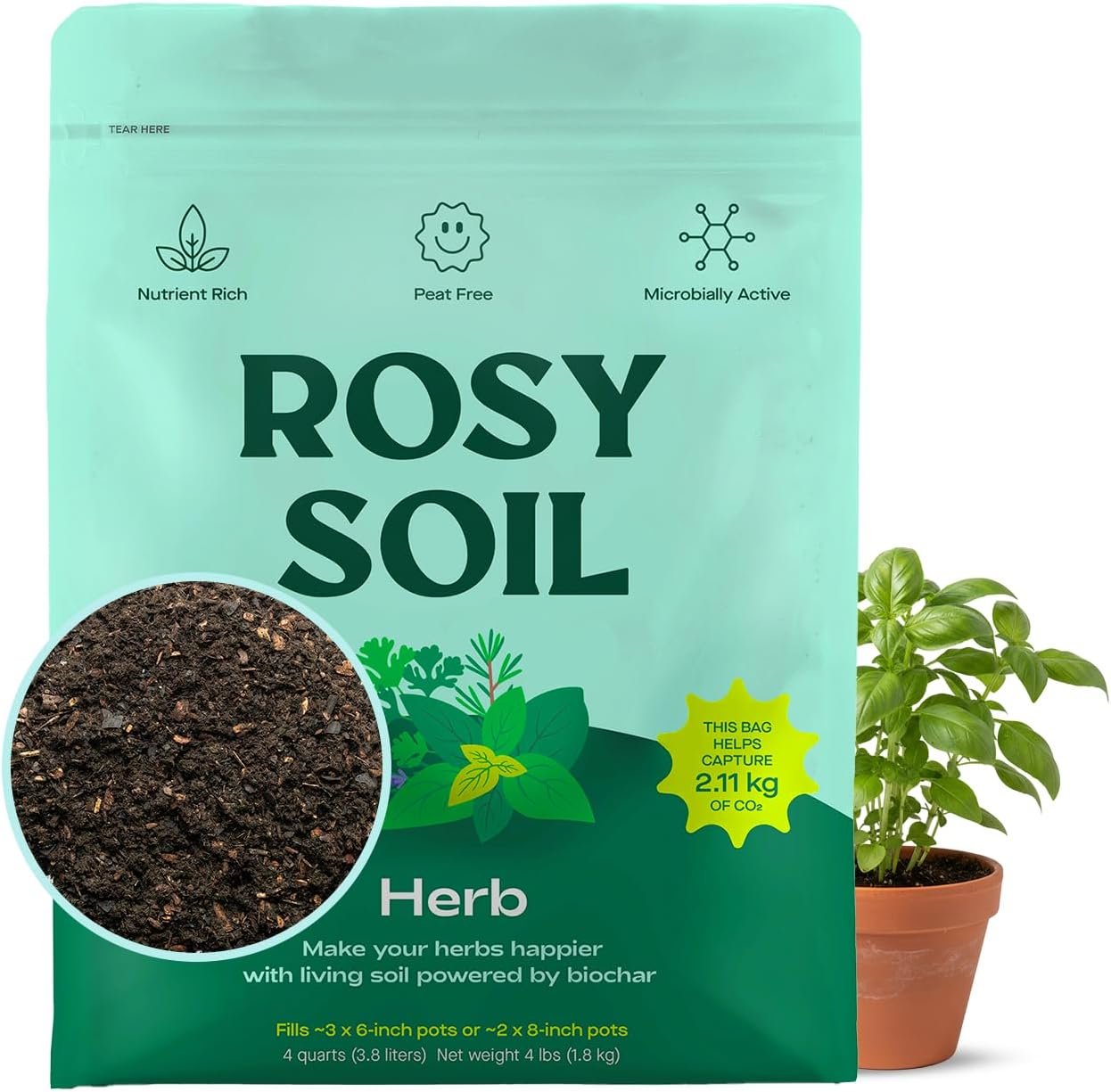 Rosy Soil Herb Mix, Organic Indoor and Outdoor Herb Potting Soil, 4 Quarts
