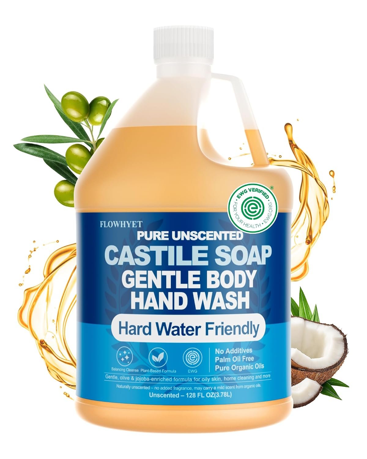 EWG Verified Pure Castile Soap Liquid Unscented 1 Gallon Refill
