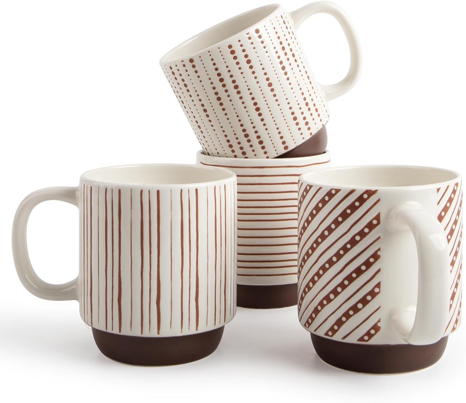 DOWAN Stackable Coffee Mugs, 12 oz Ceramic Coffee Mug Set of 4, Coffee Cups with Chocolate-Colored Geometric Patterns for Latte, Cappuccino, Cocoa, Dishwasher & Microwave Safe, Off White