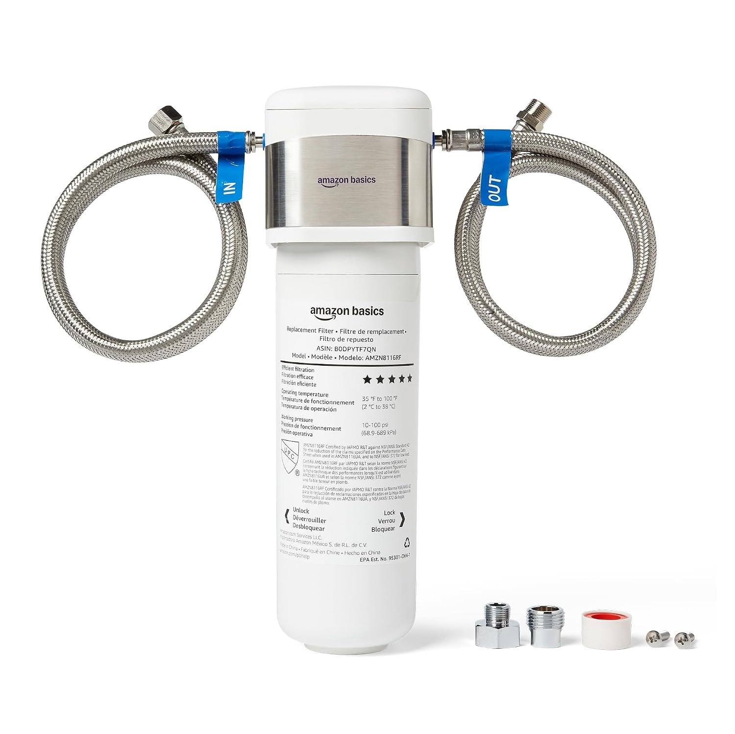 Amazon Basics Under Sink Water Filter System, NSF/ANSI 42 & 372 Certified, Easy Twist-and-Lock Design, 11,000 Gallons, 1 Year Service Life, White