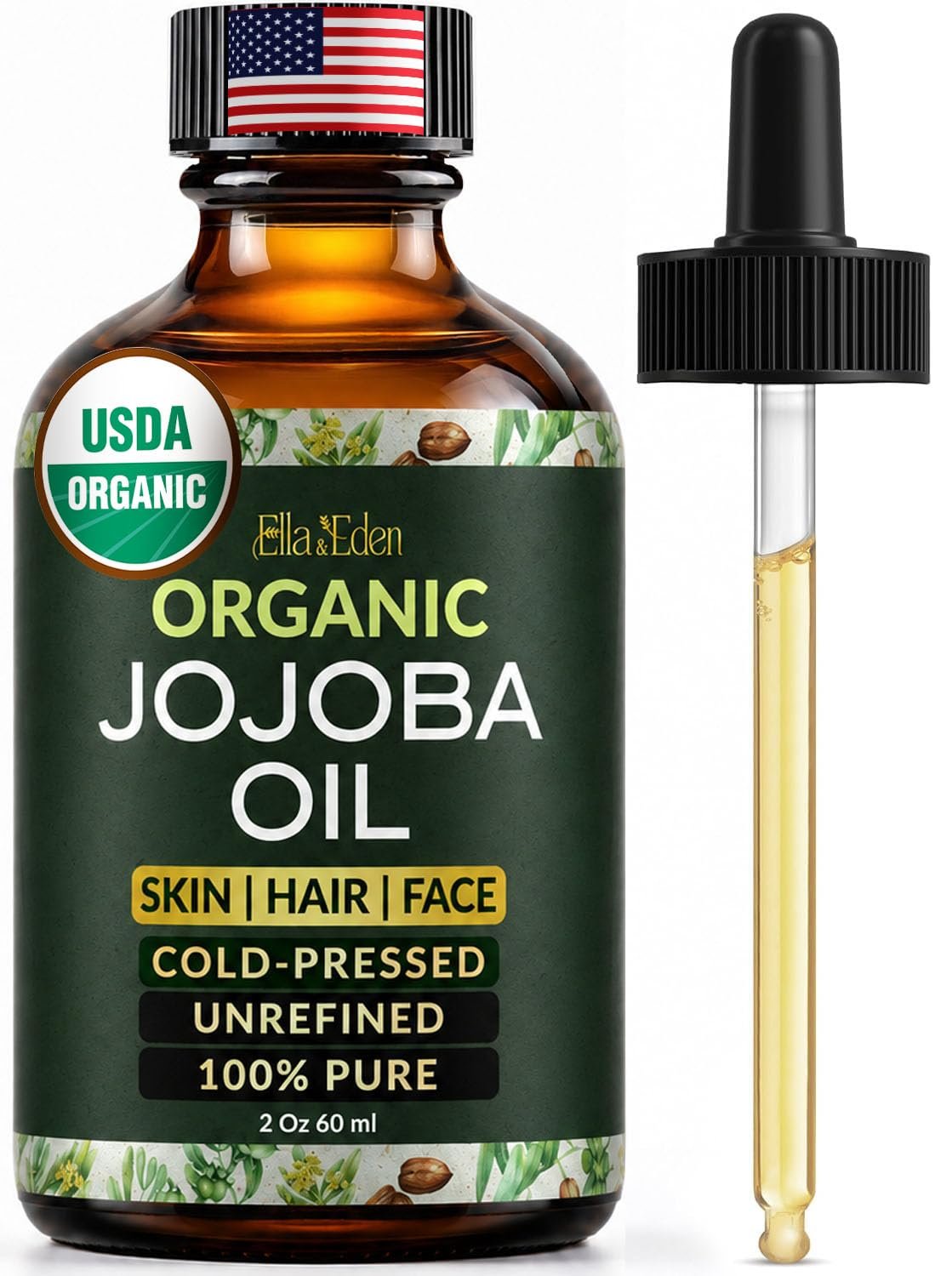 Organic Jojoba Oil, 100% Pure Cold-Pressed for Face, Skin & Hair, 2 Oz