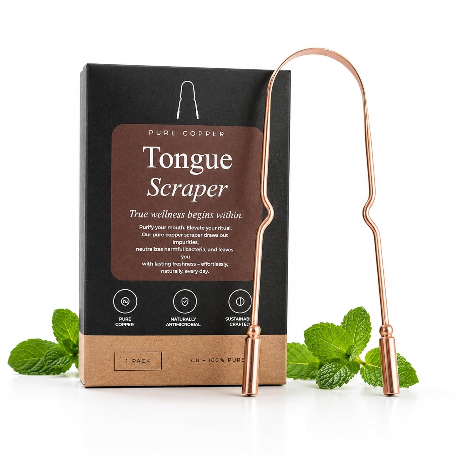 Copper Tongue Scraper for Fresh Breath – Ayurvedic Tongue Cleaner for Adults – Oral Hygiene & Daily Detox – Rust Resistant Copper (1 Count)