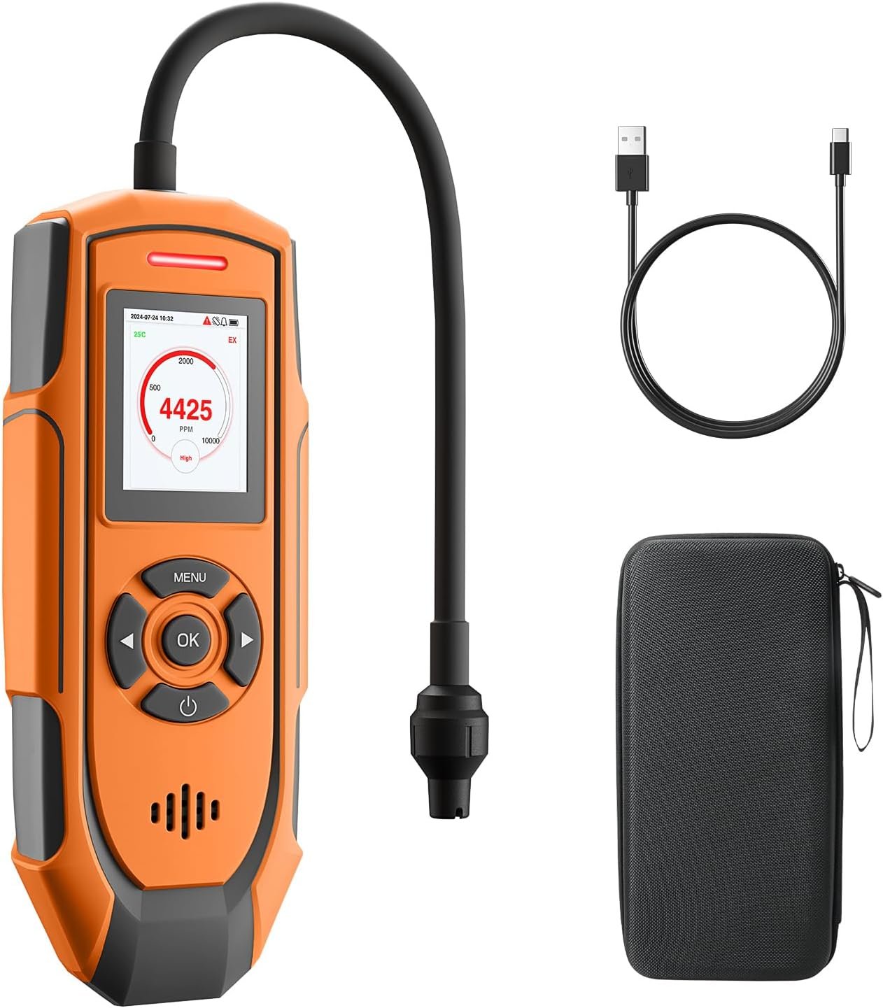 TopTes PT-990 Rechargeable Gas Leak Detector with 11 inch Probe, Detection Range 0-10000 ppm, Data Logging & 3 Types Alarm, Natural Gas Detector for Propane, Methane for Industrial & Home – Orange