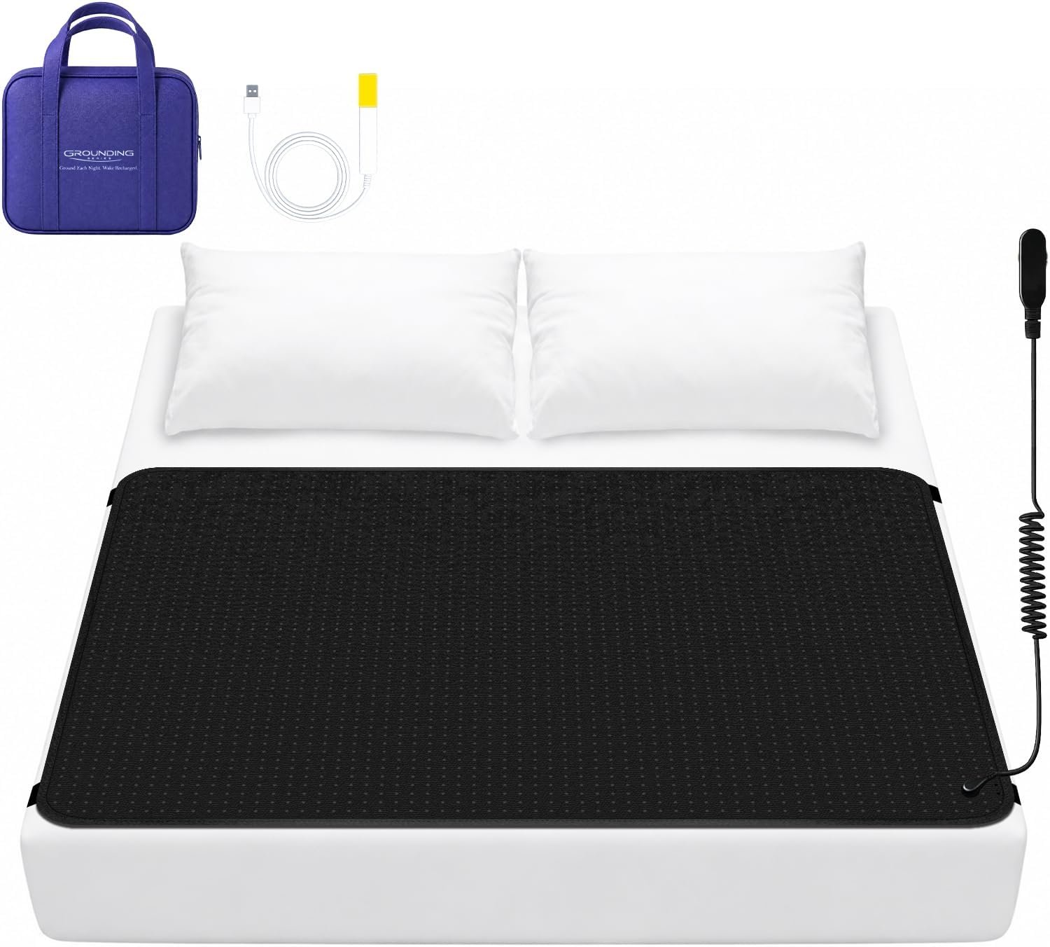 Grounding Mat for Bed, Grounding Mattress Cover for Improving Sleep, Earth Mat Carbon Leatherette Therapy 62″ x 78″ with USB Conductive Test Pen and Storage Bag Included