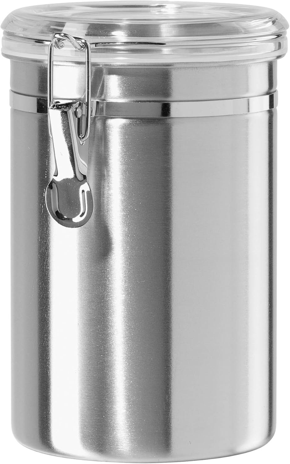 Oggi Stainless Steel Kitchen Canister 62 fl oz – Airtight Clamp Lid, Clear See-Thru Top – Ideal for Kitchen Storage, Food Storage, Pantry Storage. Large Size 5″ x 7.5″.