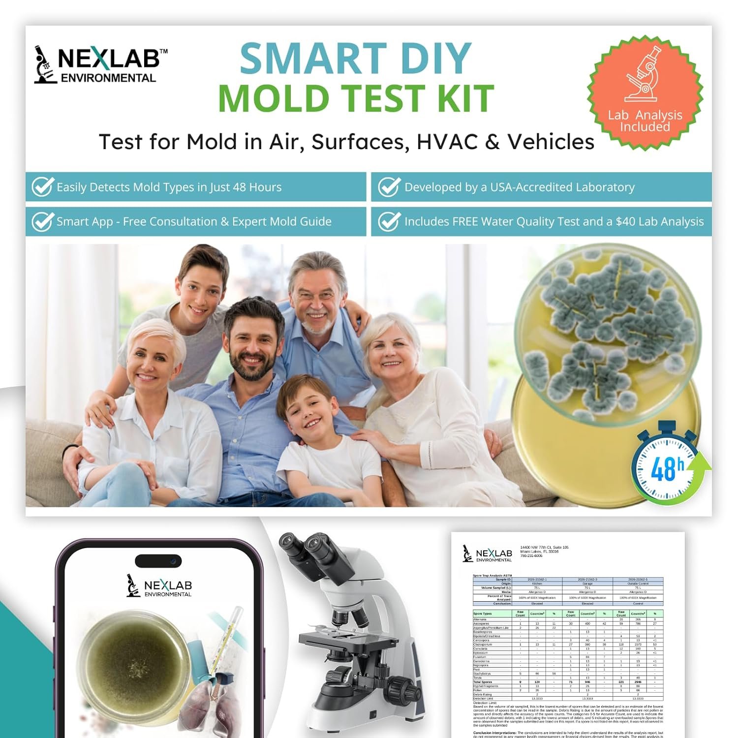 Premium Home Mold Test Kit- Detects in Air, Surfaces, HVAC and Vehicles- DIY Water Quality Test- Free Consultation and Expert Guide and LAB Analysis Included