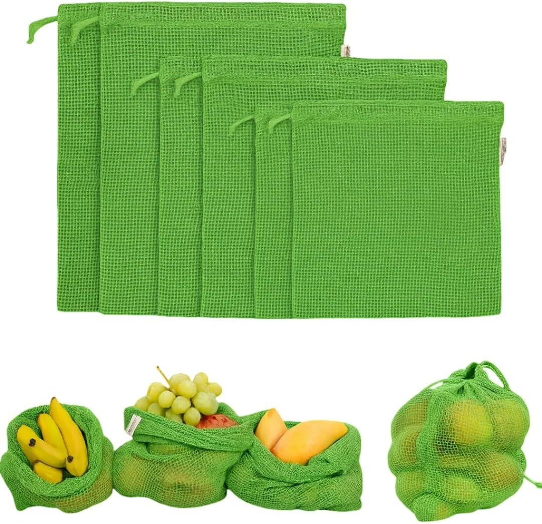 Eco-Friendly Organic Cotton Mesh Produce Bags [Pack of 6] | Reusable Mesh Produce Bags for Grocery Shopping, Fruit & Vegetable Storage | Washable Drawstring Vegetable Bags for Kitchen & Fridge