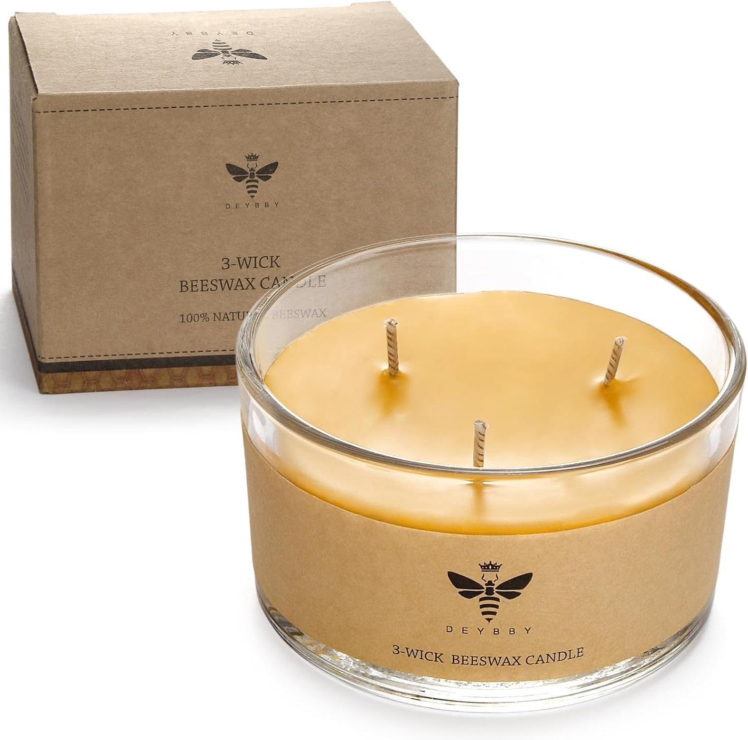 DEYBBY 3 Wick Pure Beeswax Jar Candle,15-18 Hrs,Unscented Bees Wax Candles