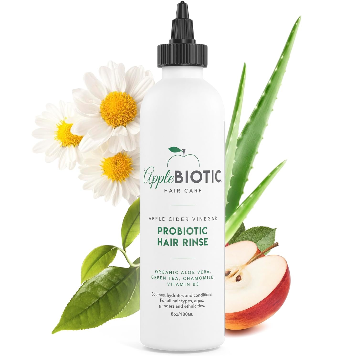 Applebiotic Apple Cider Vinegar (ACV) Hair Rinse – pH Balancing Clarifying Treatment for Product Buildup – Liquid Scalp Cleanser for Flaky, Dry & Itchy Scalp – Sulfate-Free Hair Detox for Shine – 8oz