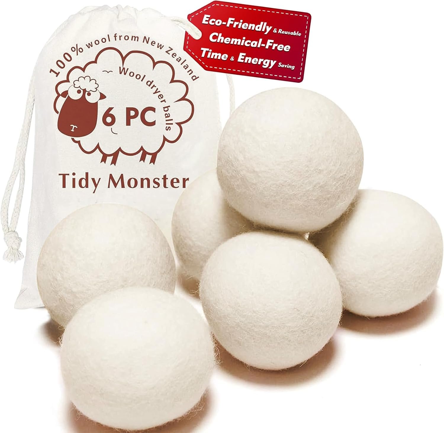 100% New Zealand Wool Dryer Balls XL Size – 6 Pack, Organic & Chemical-Free Fabric Softener, Baby Safe & Hypoallergenic, Reduces Static, Wrinkles & Drying Time, Reusable for 1000+ Loads