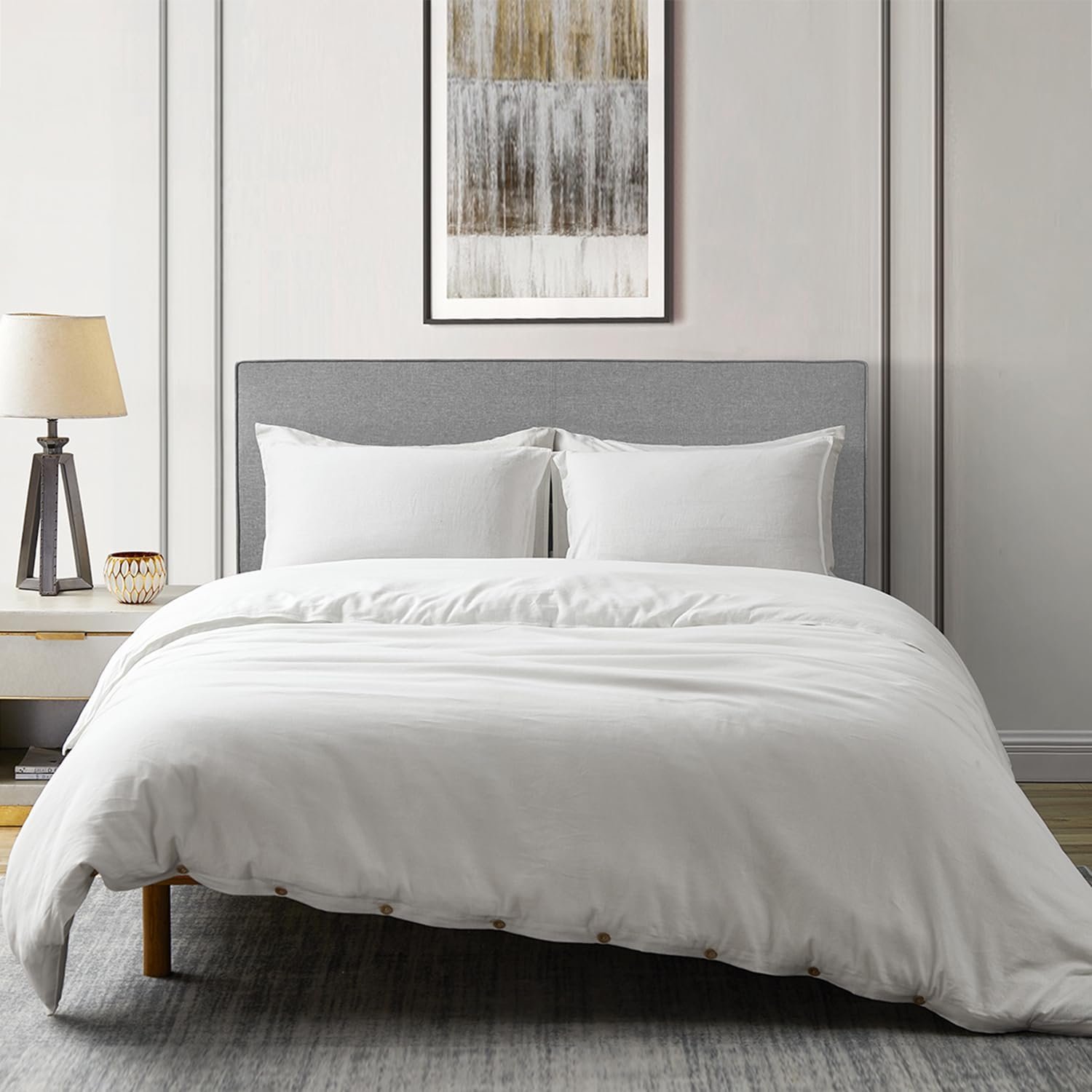 DAPU Linen Duvet Cover Set – French Linen Cotton Blend Natural Flax Soft Breathable Bedding 3 Pcs Set – 1 Duvet Cover 2 Pillowcases (Off-White/Cotton Linen, King)