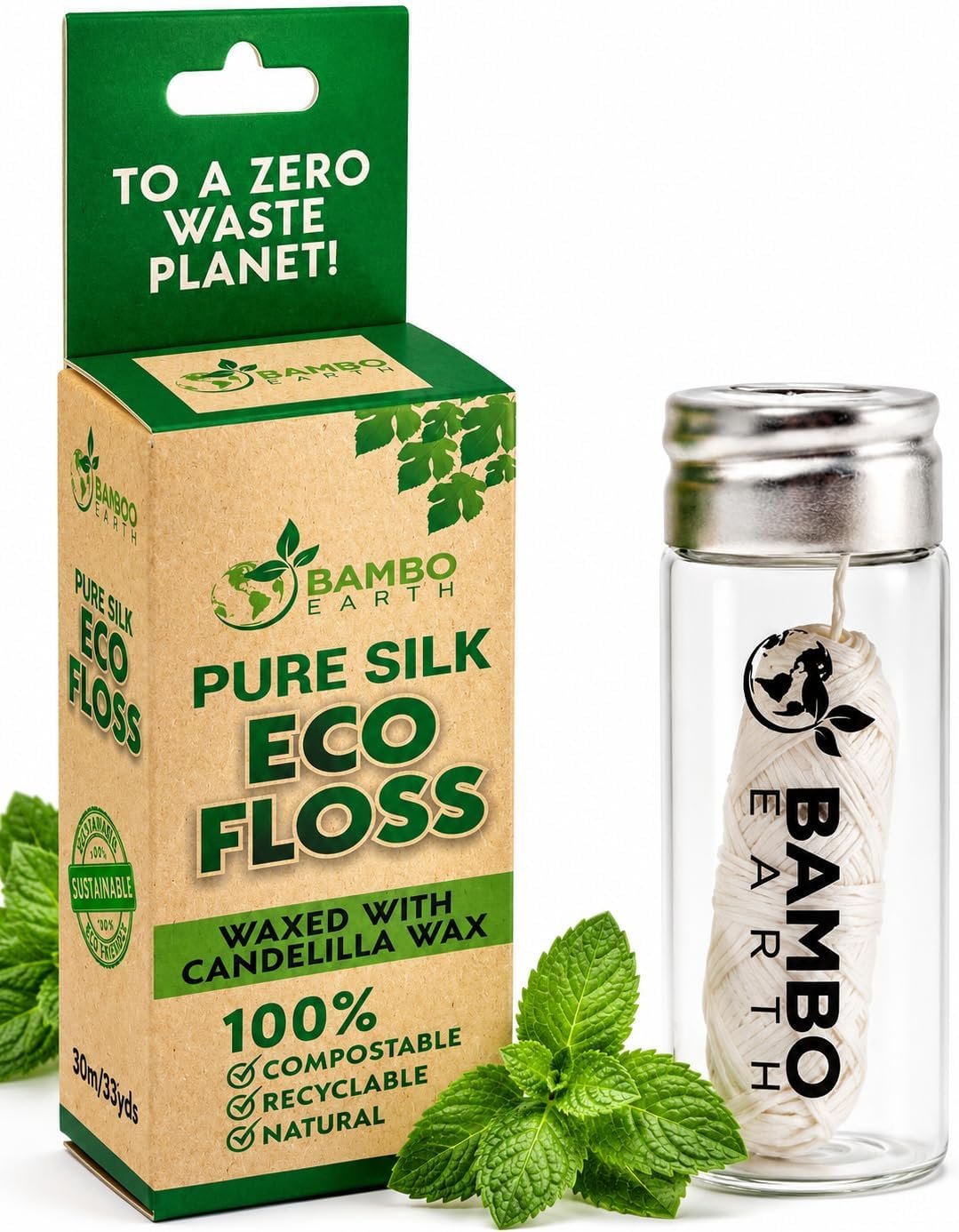 Biodegradable Mint Dental Tooth Lace Floss With Refillable & Reusable Glass Holder – 100% Organic Natural and Compostable Teeth Silk Spool Waxed With Candelilla Wax & Eco-Friendly Zero Waste Packaging