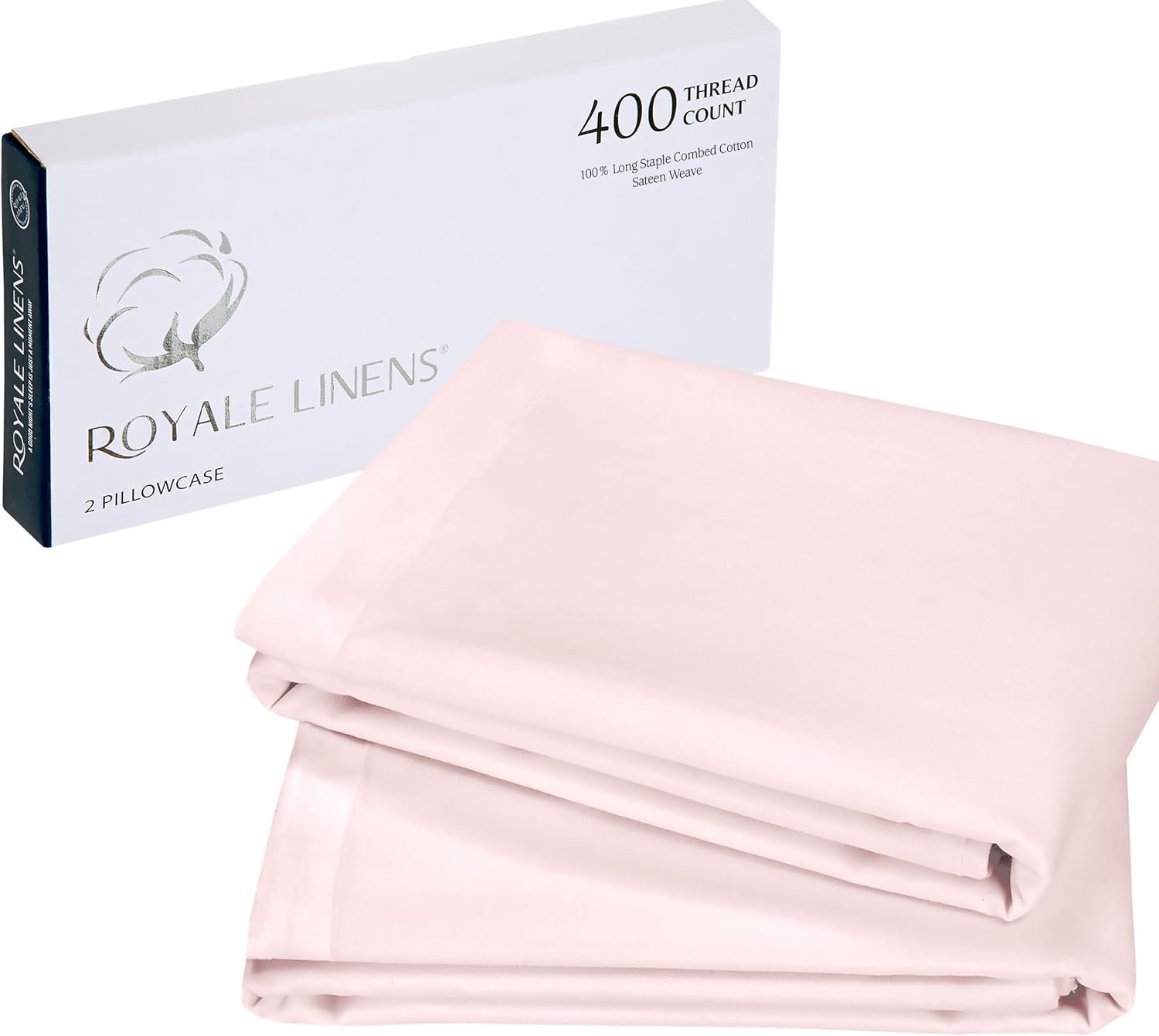 Royale Linens 400 Thread Count 100% American Grown Cotton Standard Pillowcase Set – Luxury Sateen Standard Pillow case – 20″x26″ Inch – Soft & Smooth Set of 2 Pink Pillowcases – (Std, Kyoto Blush)