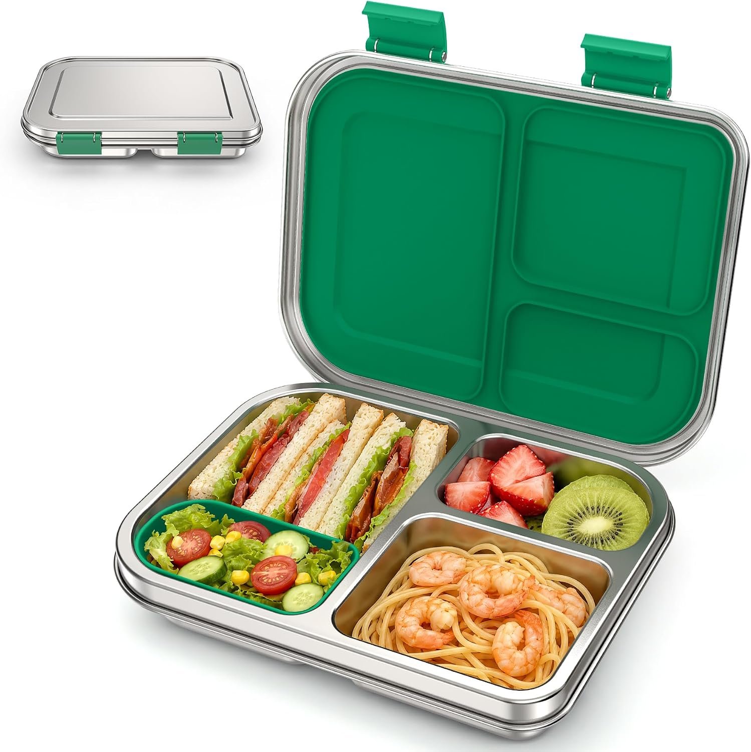 BABHAMNESS Stainless Steel Bento Box Kids, 3 Compartments Leak Proof Metal Bento Lunch Box, 304 Stainless Steel Bento Lunch Containers for School and Office,Dishwasher Safe, BPA-Free-Green