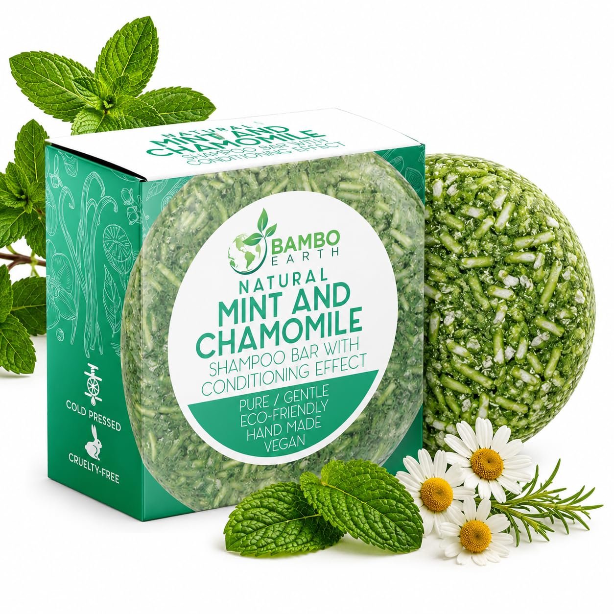 Solid Shampoo Bar And Conditioner Effect Hair Soap – 100% Organic Shampoo Bars For Hair With All Natural Plant Based Essential Oils & Zero Waste Biodegradable Packaging (Mint And Chamomile)