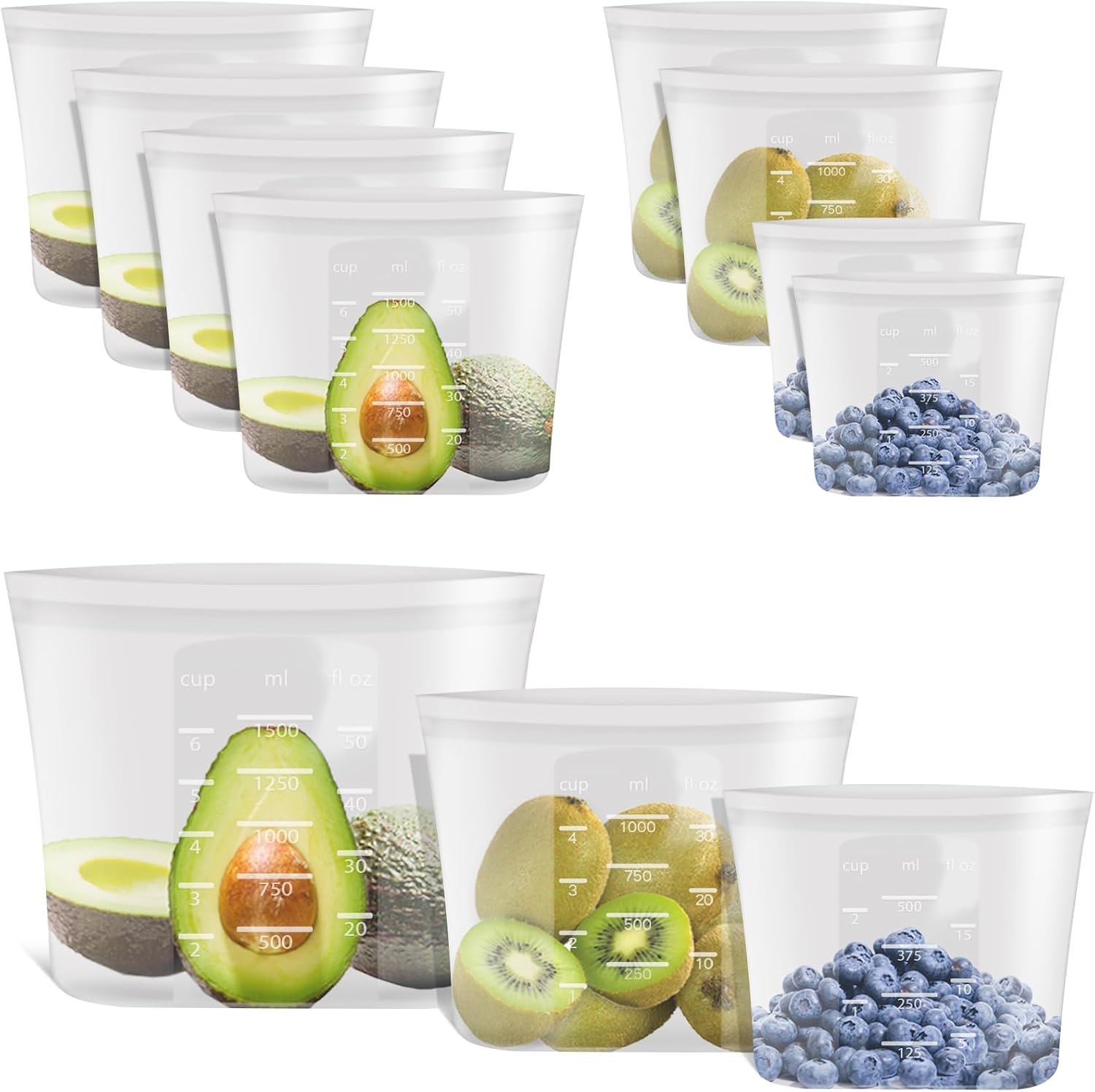 100% Platinum Silicone Reusable Food Storage Bags, 8 Pack (4M + 2S + 2XS)