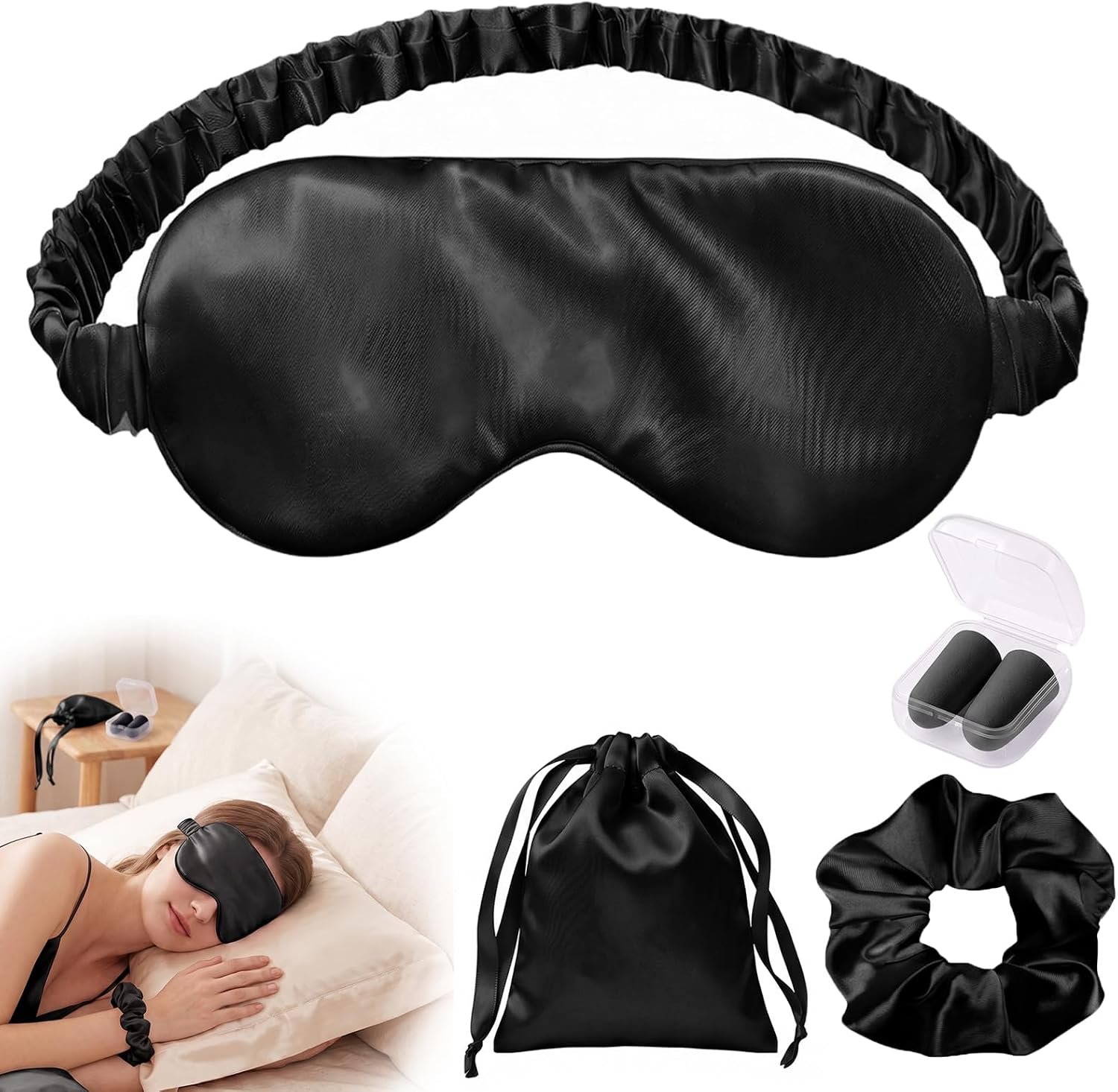 Silk Sleep Mask Set – 100% Mulberry Silk Eye Mask, Black
