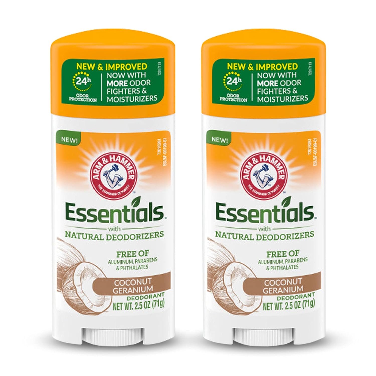 ARM & HAMMER Essentials Deodorant – Made with Natural Deodorizers – Coconut Geranium – Free From Aluminum, Parabens & Phthalates, 2.5 oz (Pack of 2)