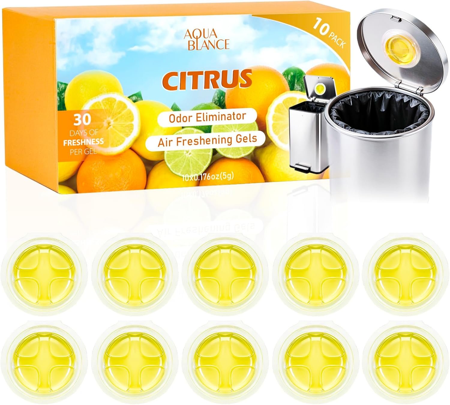 10 Pack Trash Can Deodorizer, Citrus Scent Stick-On Gel Air Freshener Up to 30 Days, Long Lasting Odor Absorber for Kitchen Garbage Bin, Bathroom, Diaper Pail, Closet, Each 0.176 Oz