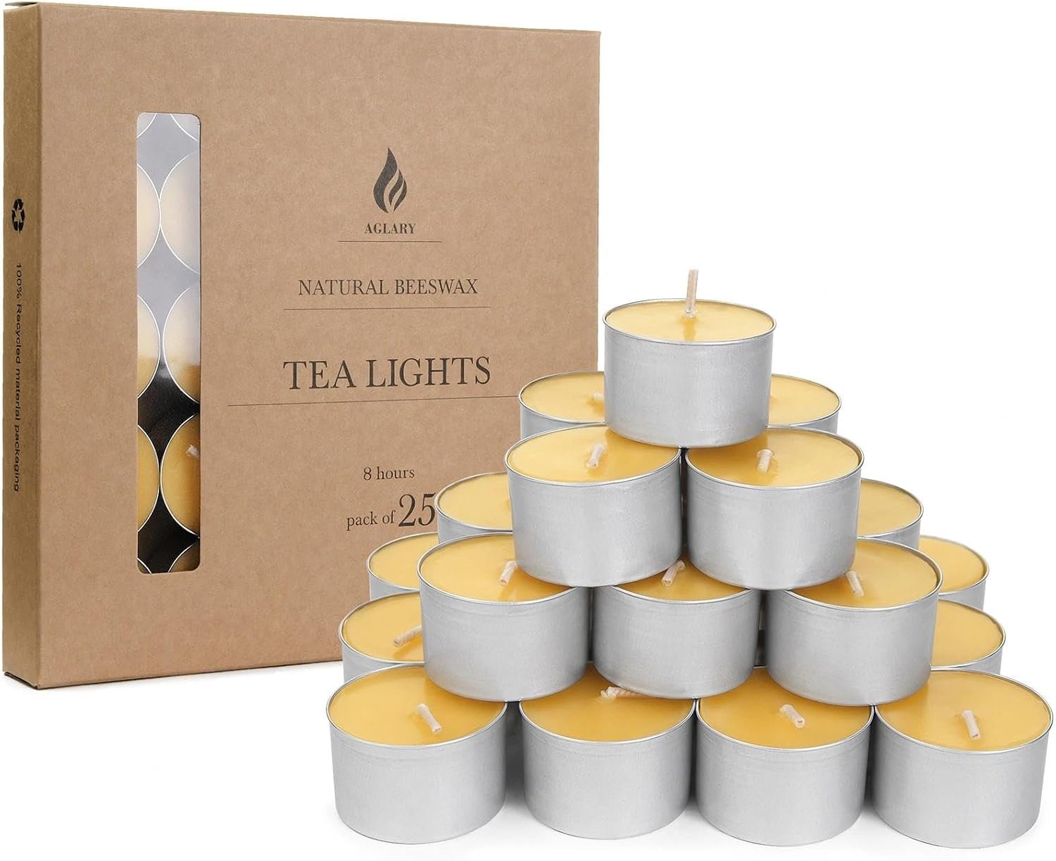 25-Pack Pure Beeswax Tealight Candles, Aluminum Cups, Approx. 8H Burn