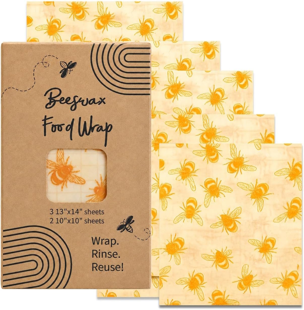 Reusable Beeswax Wraps for Food – 5 Sheets, 3 Large 2 Medium