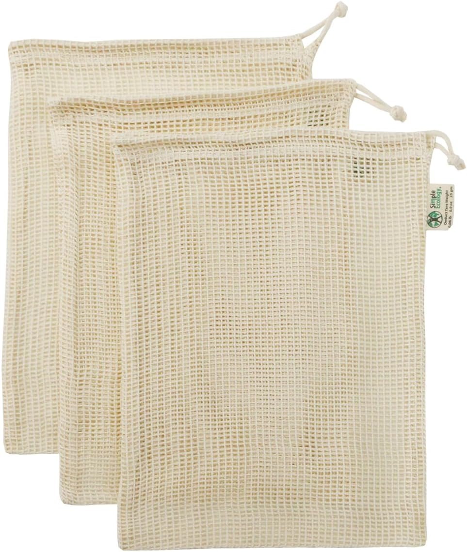 Simple Ecology Reusable Produce Shopping and Storage Bags, Drawstring, Washable Organic Cotton Mesh, Medium 3 pack
