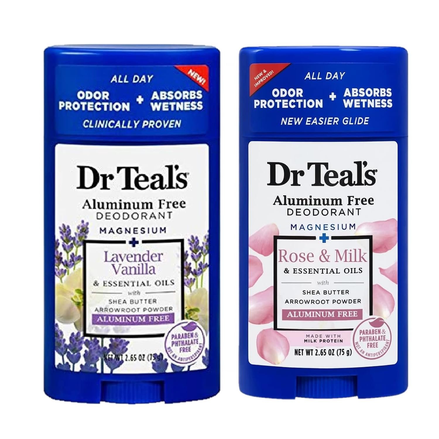 Dr. Teals Deodorant Variety Gift Set (2 Pack, 2.65oz Ea.) – Vanilla Lavender & Rose & Milk – Essential Oils, Shea Butter & Magnesium Help Absorb Moisture & Keep Skin Clean & Healthy