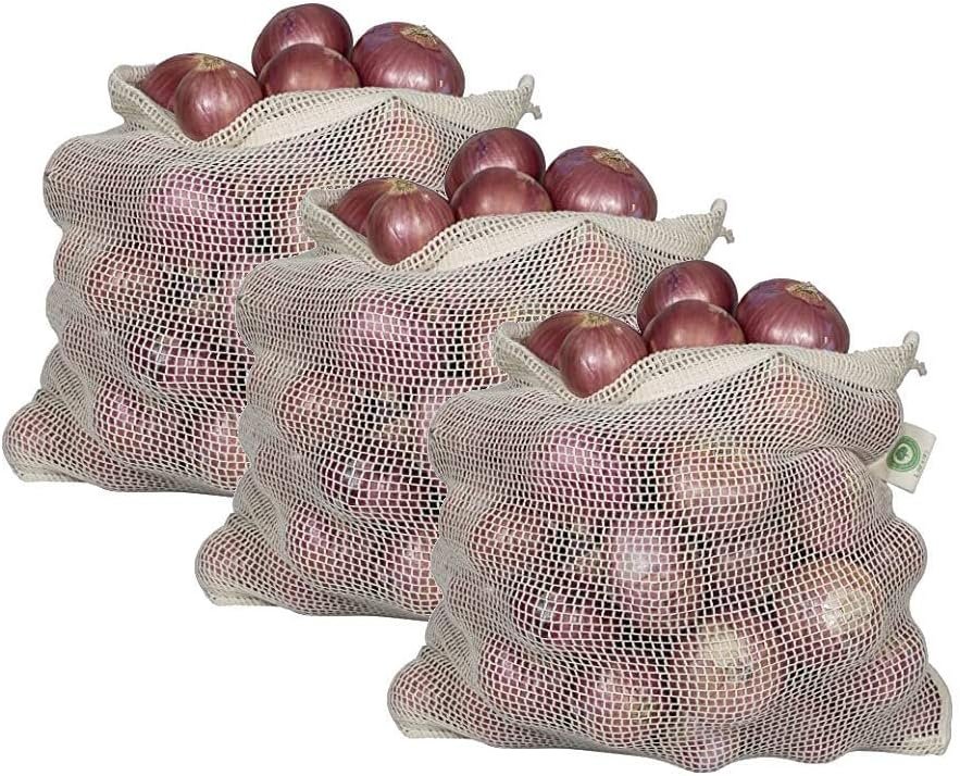 Reusable Onion Storage Bags – Organic Cotton Mesh Onion Bags with Drawstring – Washable Onion Holder Storage – Net Onion Keeper Sacks – Perfect Potato Storage Bags – Root Vegetable Sacks (3 X-Large)
