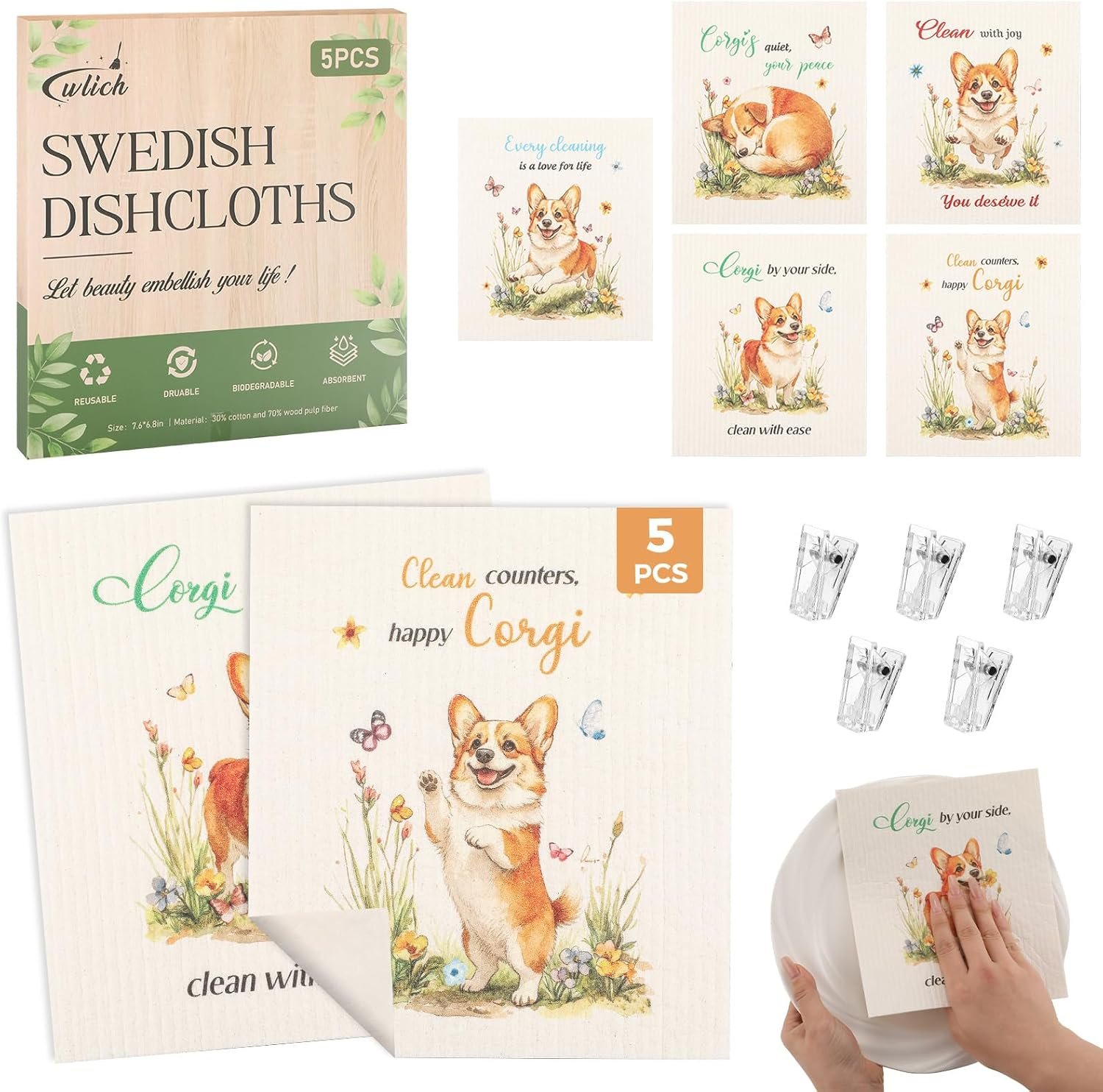 wlich 5 Pack Swedish Dishcloths, Reusable Kitchen Towels with Clips, Dog