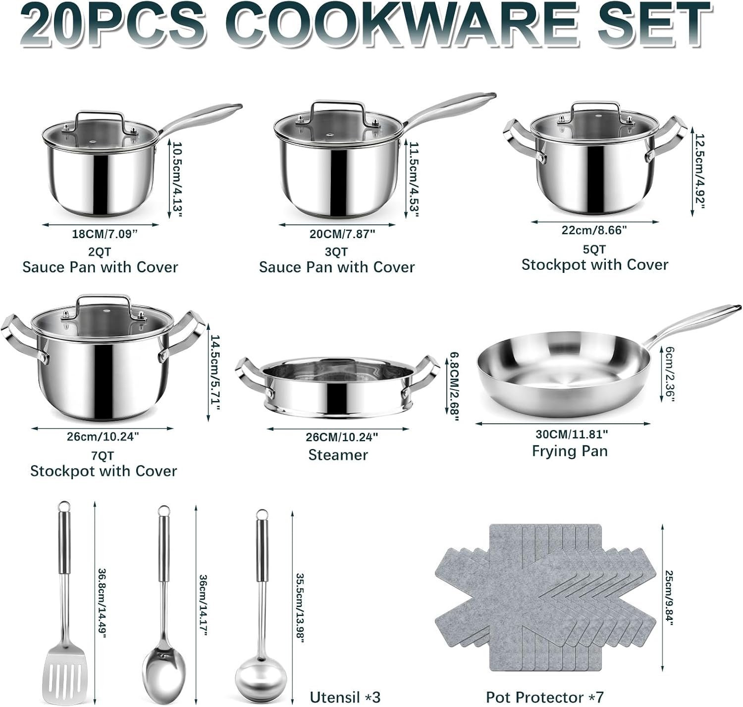 Stainless Steel Cookware Set – 20 PCS Pots and Pans Set with 3-Ply Stainless Steel Frying Pan, Professional Kitchen Cooking Set, Induction Compatible, Oven & Dishwasher Safe