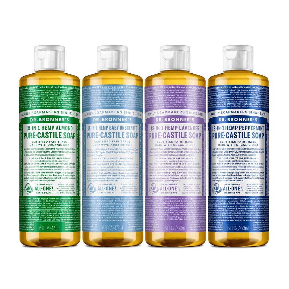 Dr. Bronner’s – Pure-Castile Liquid Soap Variety Pack – Almond, Lavender, Baby Unscented, & Peppermint, Made w/Organic Oils, 18-in-1 Uses: Face, Body, Hair, Laundry, Pets, Dishes, Etc. (16oz, 4-Pack)