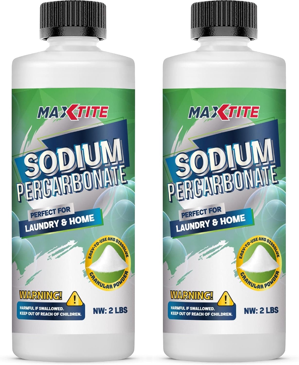 MAXTITE Sodium Percarbonate (4 lbs total – 2 pack of 2 lbs bottles) – 100% Pure – Solid Hydrogen Peroxide/Oxygen Bleach – Multi-Use Cleaner for Home & Laundry, Resealable Child Resistant Cap