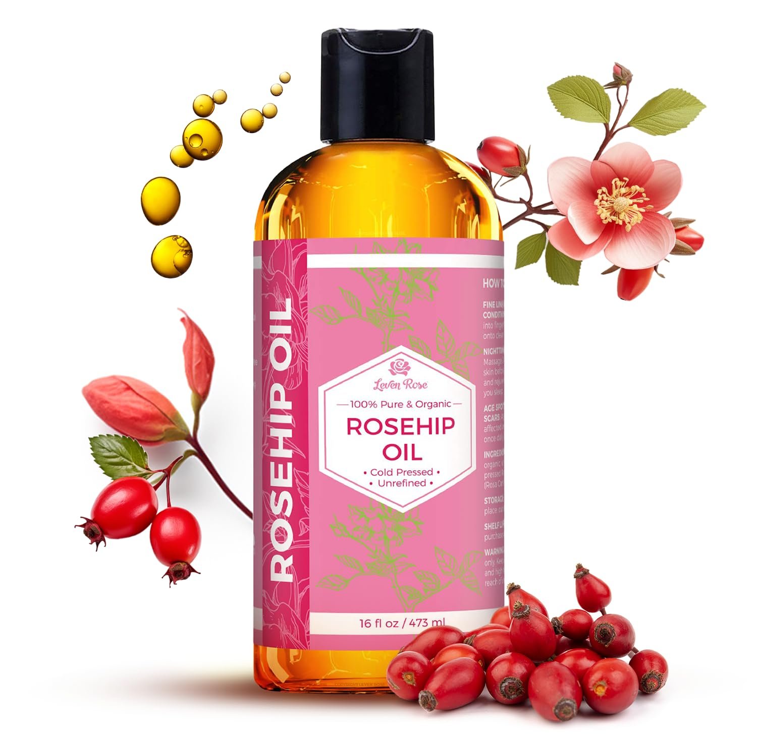 Leven Rose Rosehip Seed Oil for Face 16 oz – Pure Rosehip Oil for Face – Unrefined Cold Pressed Rose hip for Body – Nighttime Face Moisturizer for Hair, Skin & Nails