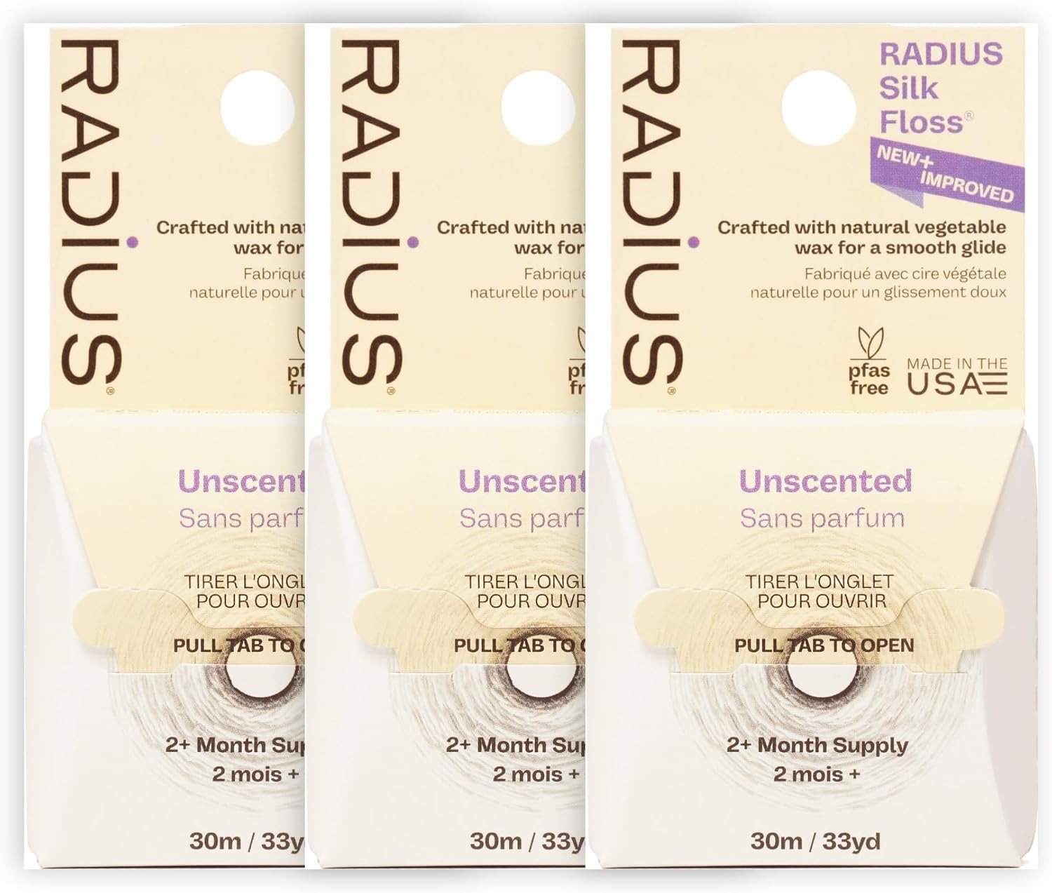 RADIUS Silk Dental Floss, Natural Biodegradable Floss for Sensitive Gums, PFAS Free, Compostable, Unscented, 30m / 33yd, Pack of 3
