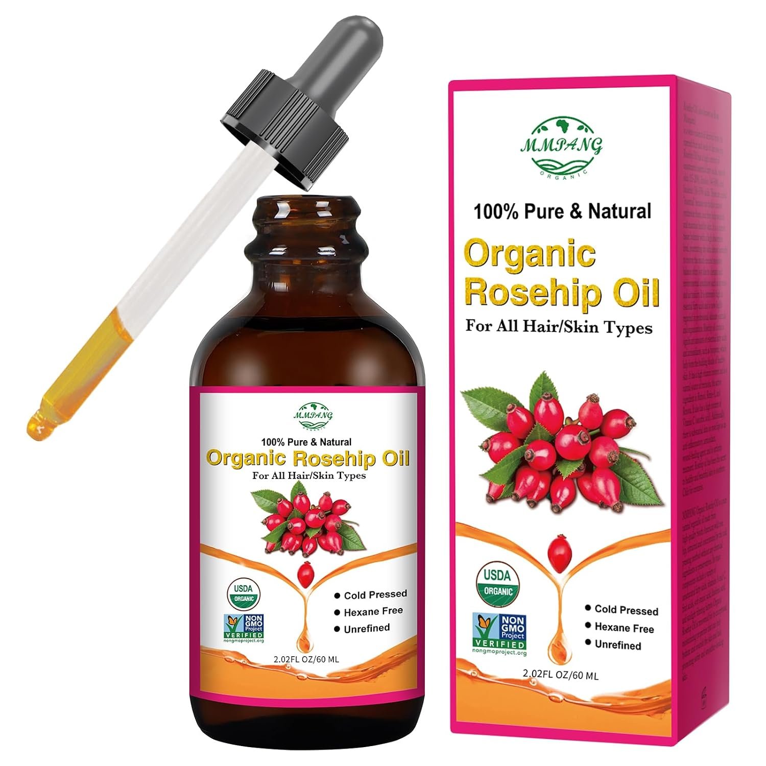 Organic Rosehip Oil for Face & Skin, Cold Pressed Rose Hip Seed Oil