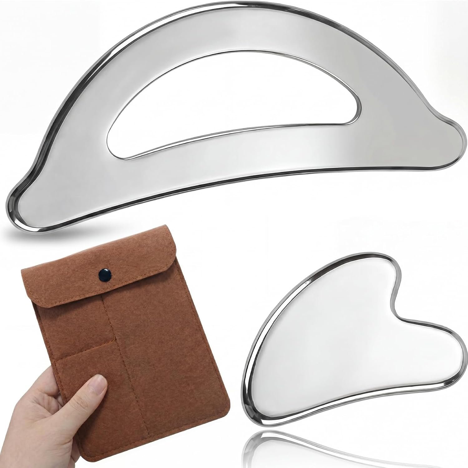Rena Chris 2-Piece Stainless Steel Muscle Scraper Tool & Face Gua Sha Set