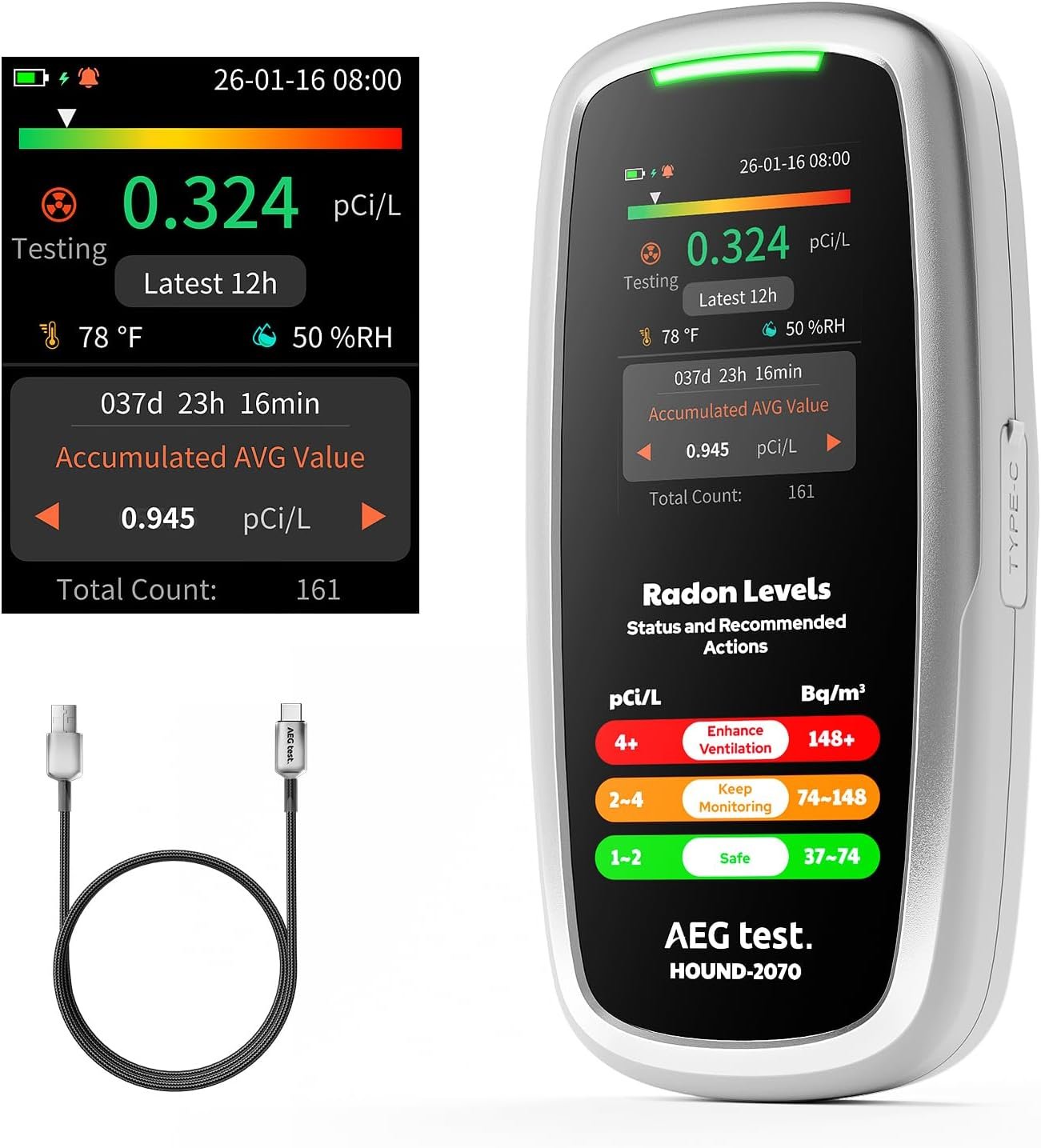 HOUND-2070 Radon Detector for Home, Tempertaure & Humidity Display, 504 Days Data Storage for Long-Term Monitoring, Rechargeable, 3-in-1 Portable Radon Tester for Basement, pCi/L or Bq/m³