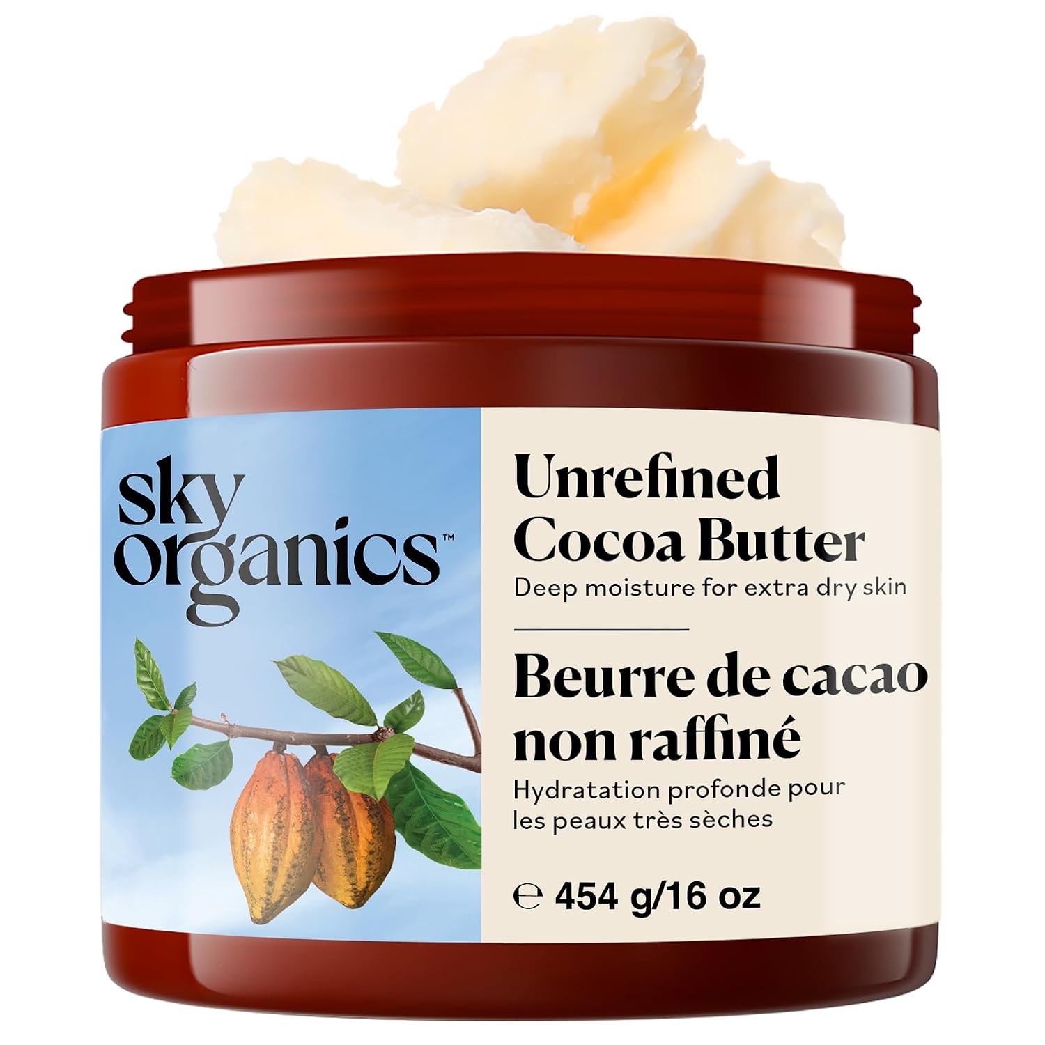Sky Organics Raw Cocoa Butter 16oz, 100% Pure & Unrefined Solid Body Butter