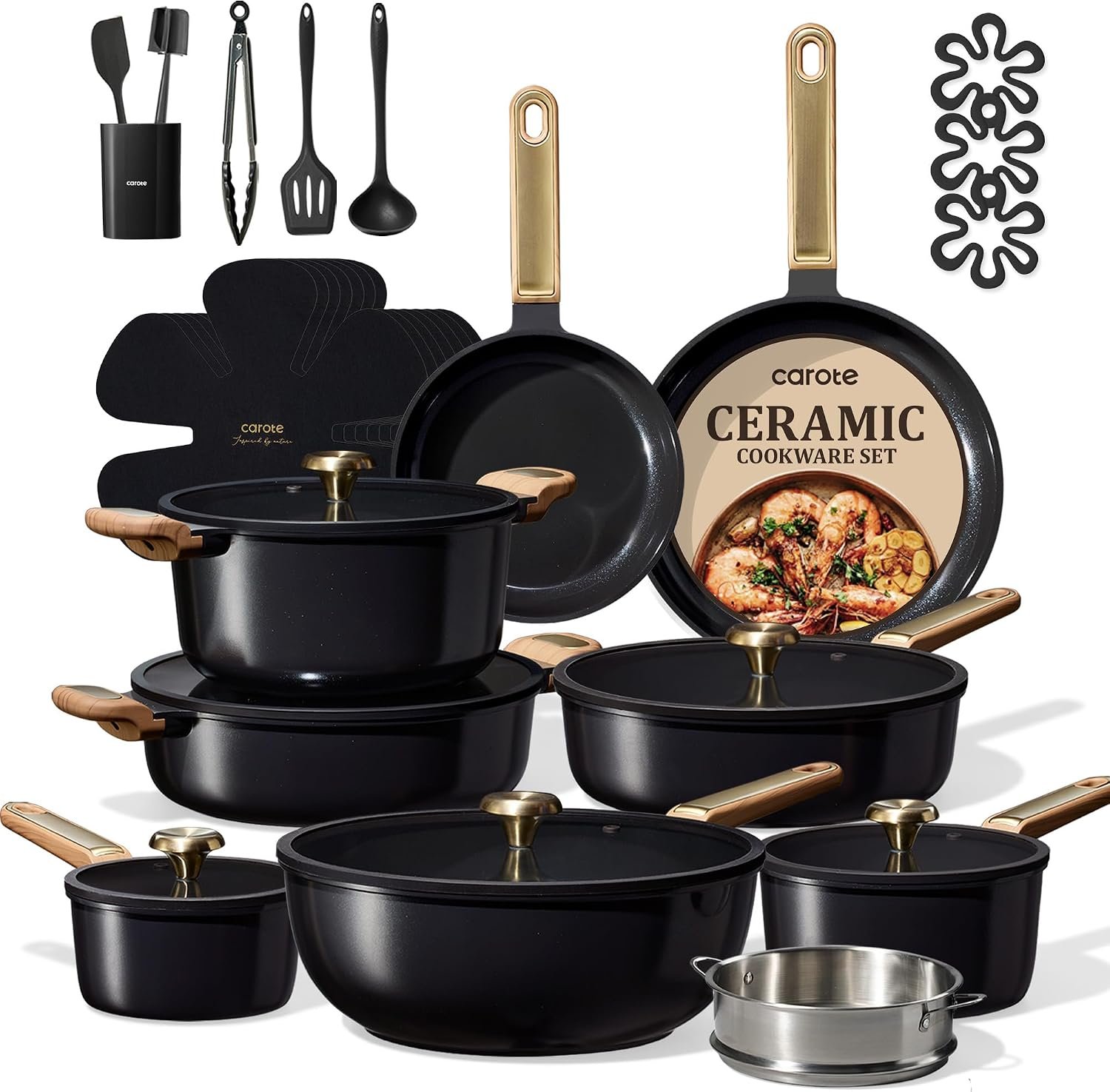 CAROTE 31pcs Ceramic Cookware Sets, Pots and Pans Set, with Wok