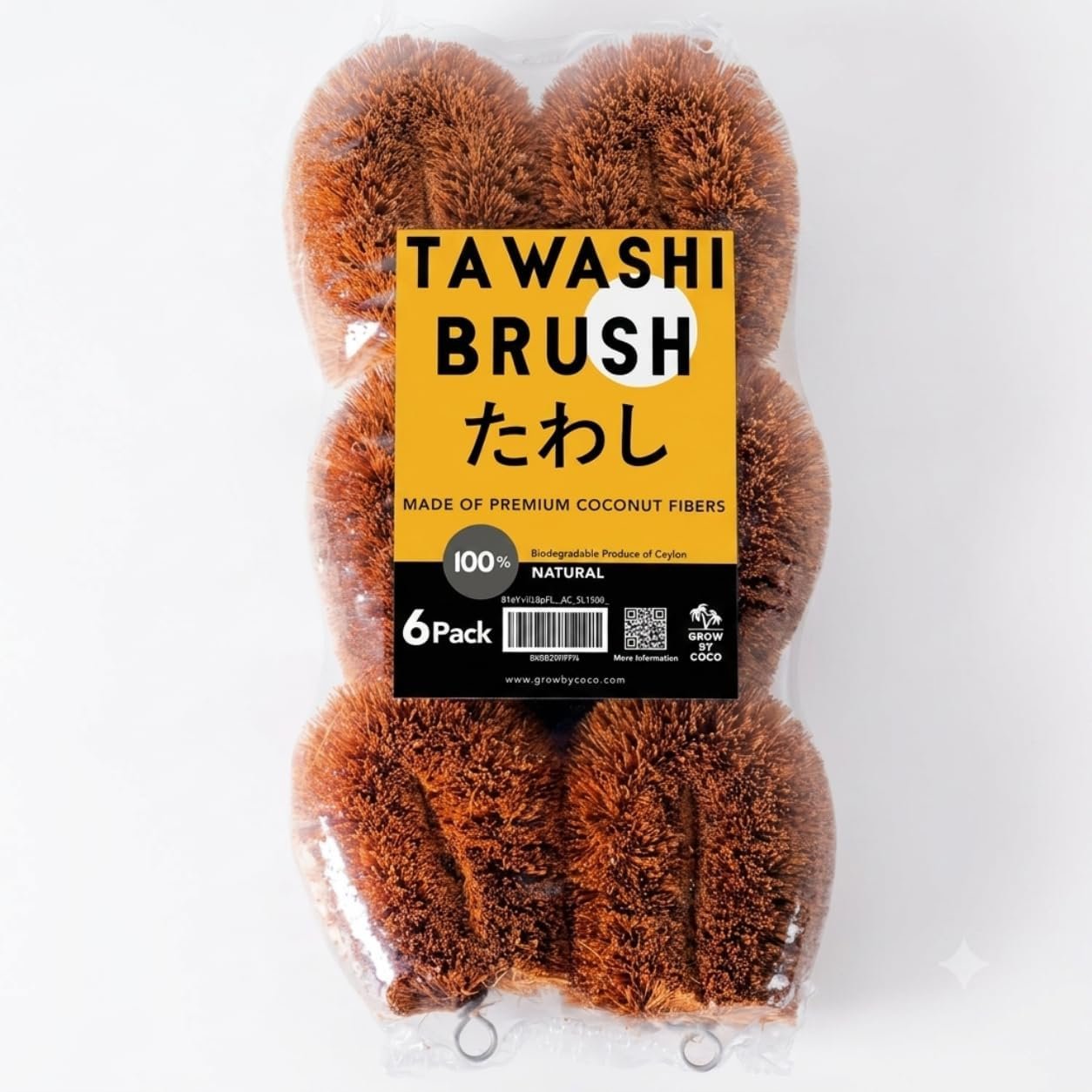 Pack of 6 Tawashi Vegetable Scrub Brush, Natural Coconut Coir Fiber Produce Brush, Fruit & Vegetable Scrubber, Kitchen Cleaning Brush, Japanese Kamenoko Design