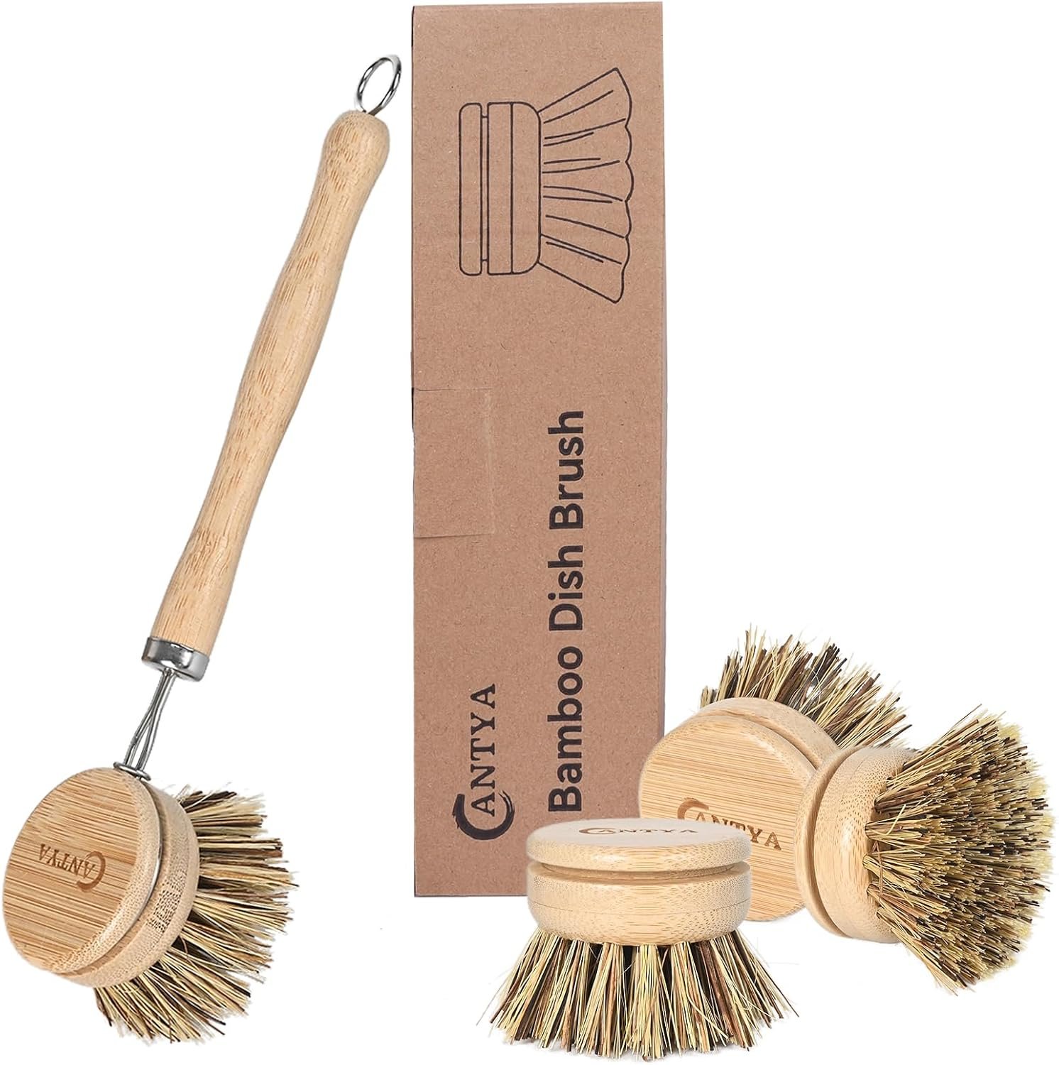 Bamboo Dish Scrubber with Handle – Hard Bristle Natural Bristle Brush Sustainable & Biodegradable Kitchen Scrub Brush for Dishes Pans and Pots