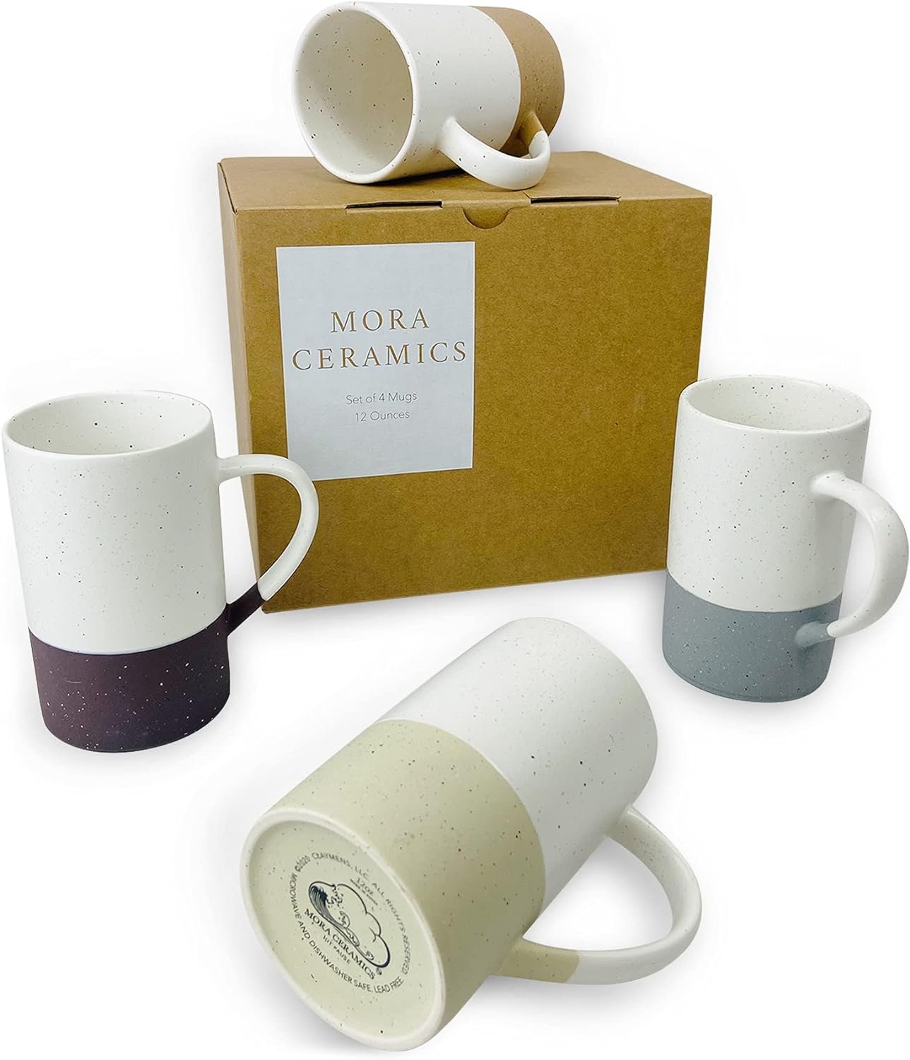 MORA Ceramics 12oz Coffee Mug Set of 4 – Ceramic Tea Cups with Handle – Microwave and Dishwasher Safe, Perfect For Cup or Mug Lovers – Rustic Matte Glaze, Modern Design Mugs – Assorted Colors