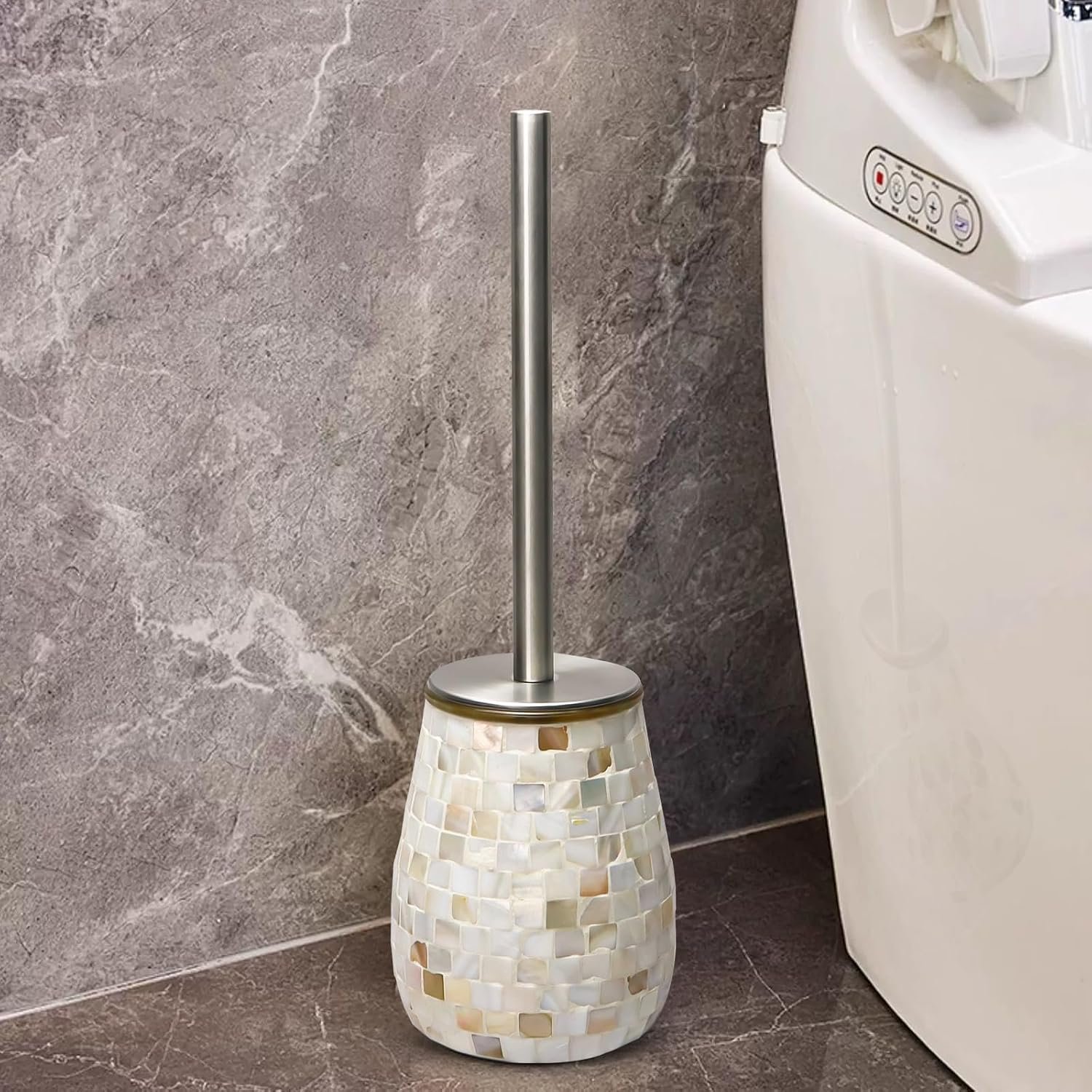 WDHODEC Natural Shell Toilet Brush and Holder Set Mosaic Glass, Stainless Steel Toilet Scrubber Brush, Decorative Toilet Bowl Brush and Holder, Luxury Bathroom Accessories