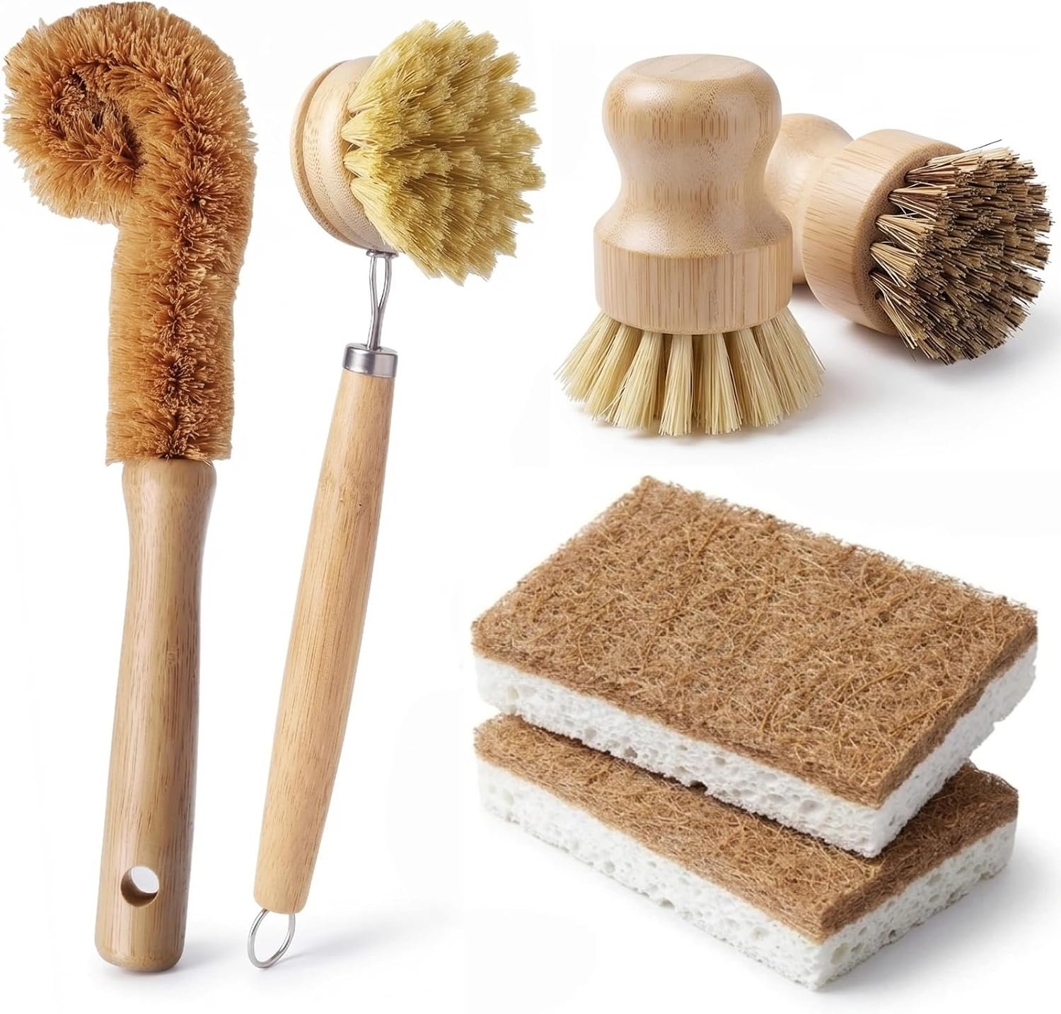Natural Bamboo Dish Brush Set – 6 PCS Kitchen Cleaning Brush Kit with 4 Utensil Brushes and 2 Coconut Fiber Dish Sponges, for Cleaning Pots, Pans, Dishes, Bottles, Vegetables, and Fruits