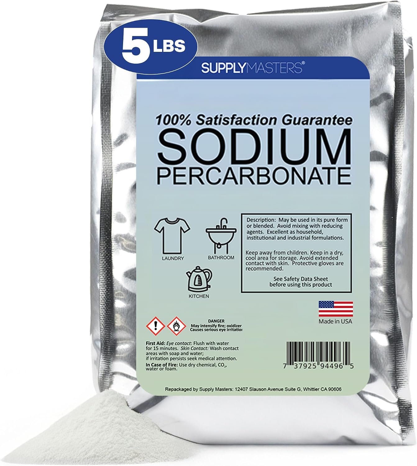 Sodium Percarbonate Powder 5 lbs – Non-Chlorine Oxygen Bleach Alternative & Stain Remover – Multi-Purpose Cleaner for Laundry, Carpets, Tile, Decks, Kitchens & Outdoor Surfaces