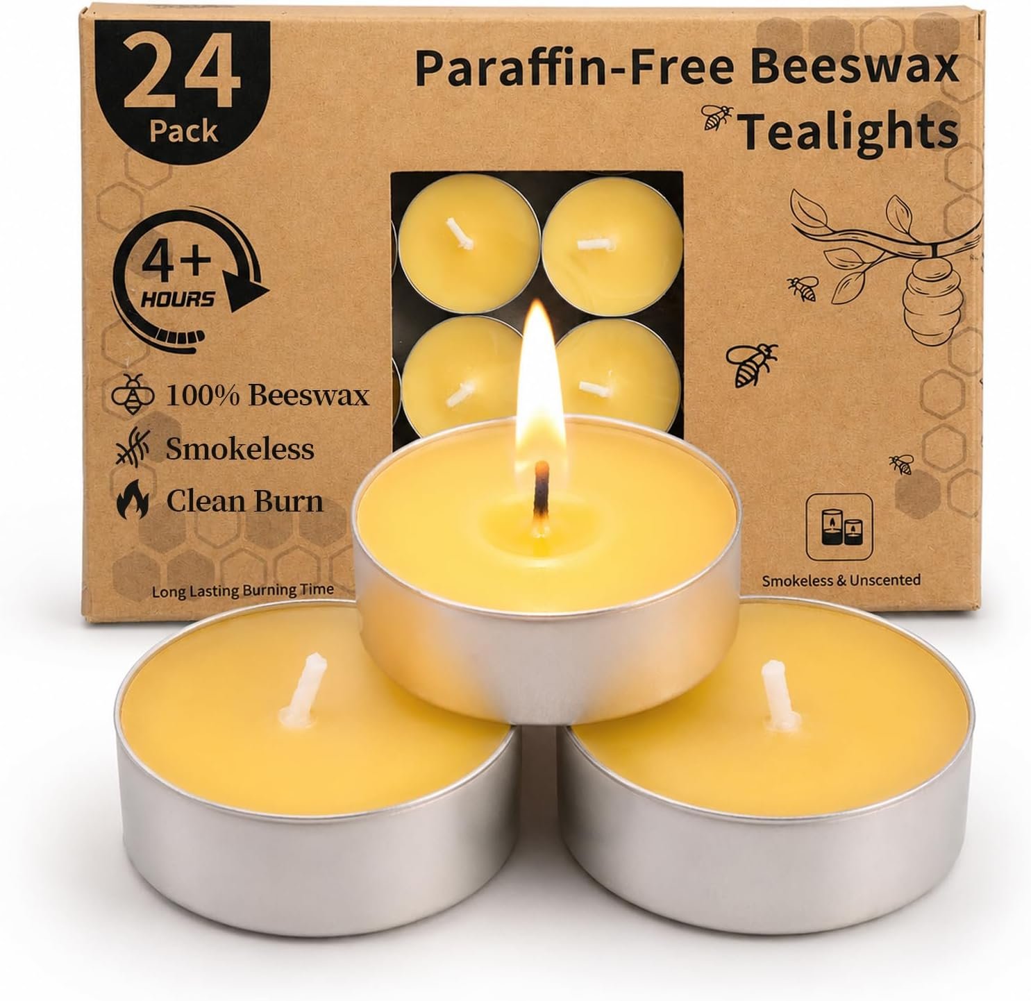 24PCS Pure Beeswax Tealight Candles, Natural Unscented Tea Lights