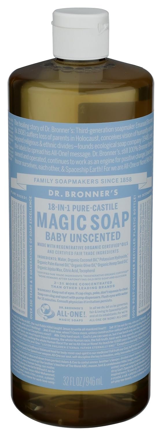 Dr. Bronner’s – Pure-Castile Liquid Soap (Baby Unscented, 32 Ounce) – Made with Organic Oils, 18-in-1 Uses: Face, Hair, Laundry, Dishes, For Sensitive Skin, Babies, No Added Fragrance, Vegan, Non-GMO