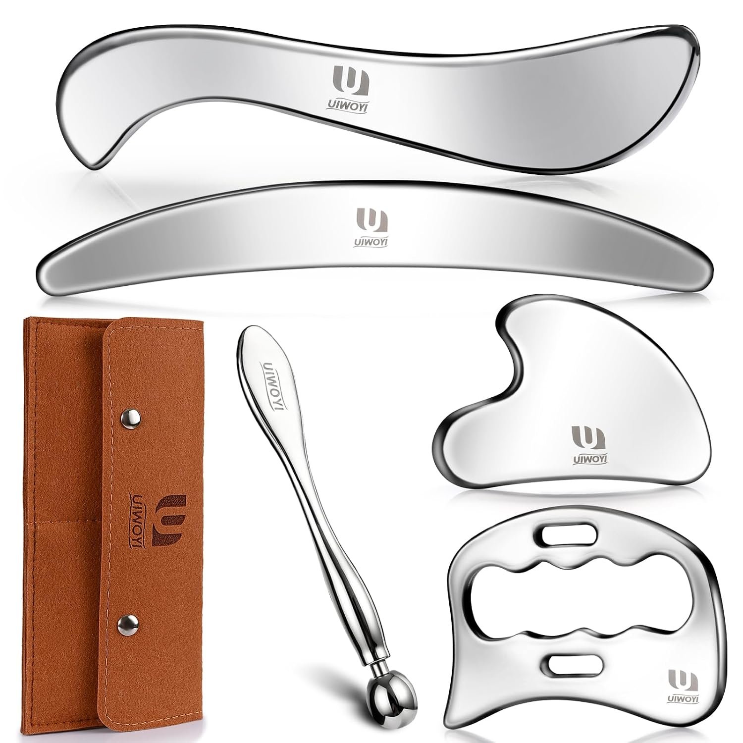 5 in 1 304 Stainless Steel Gua Sha Tools Set, Premium Facial & Full Body Scraping Massage Kit